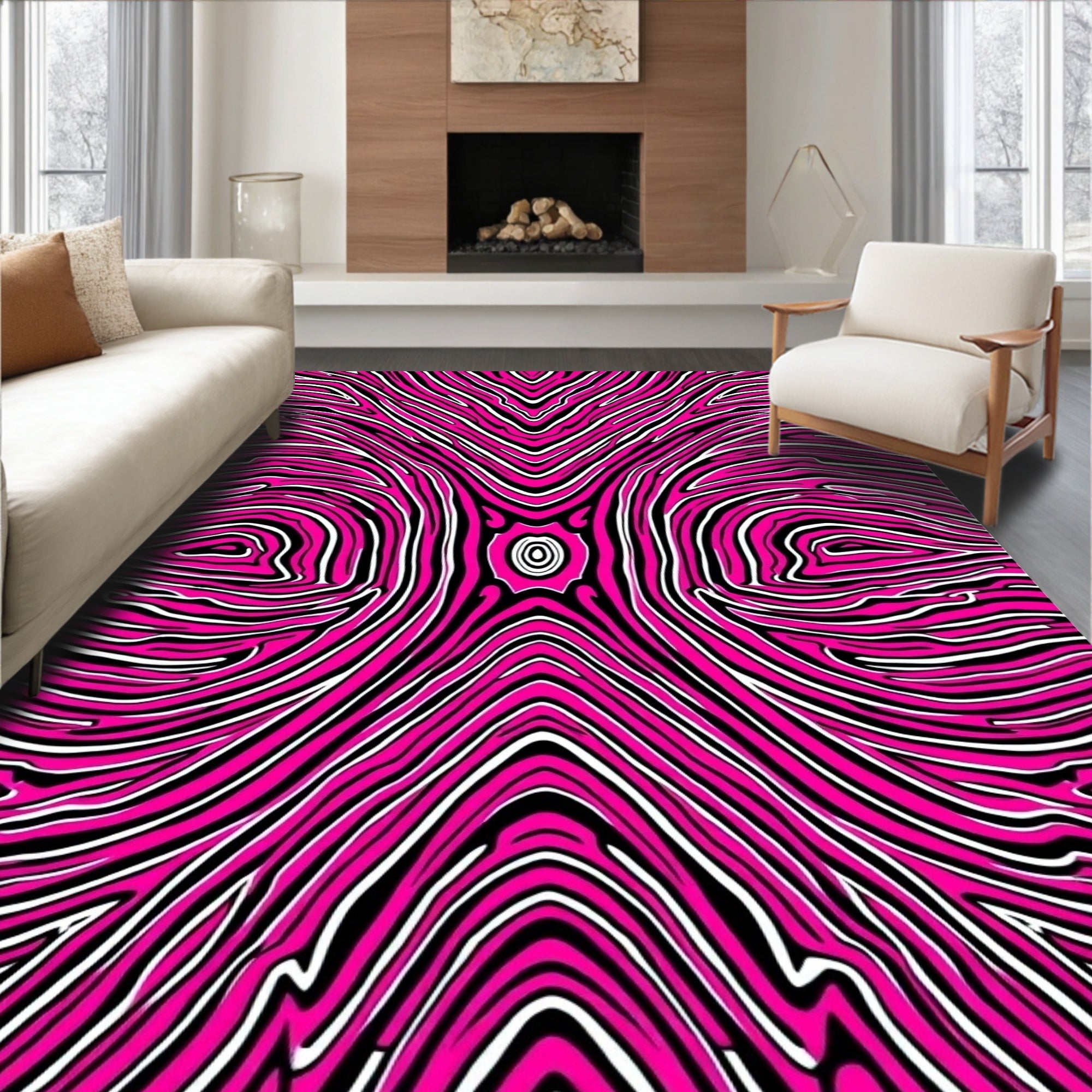 Hot Pink White Zebra Stripe Pattern Rug