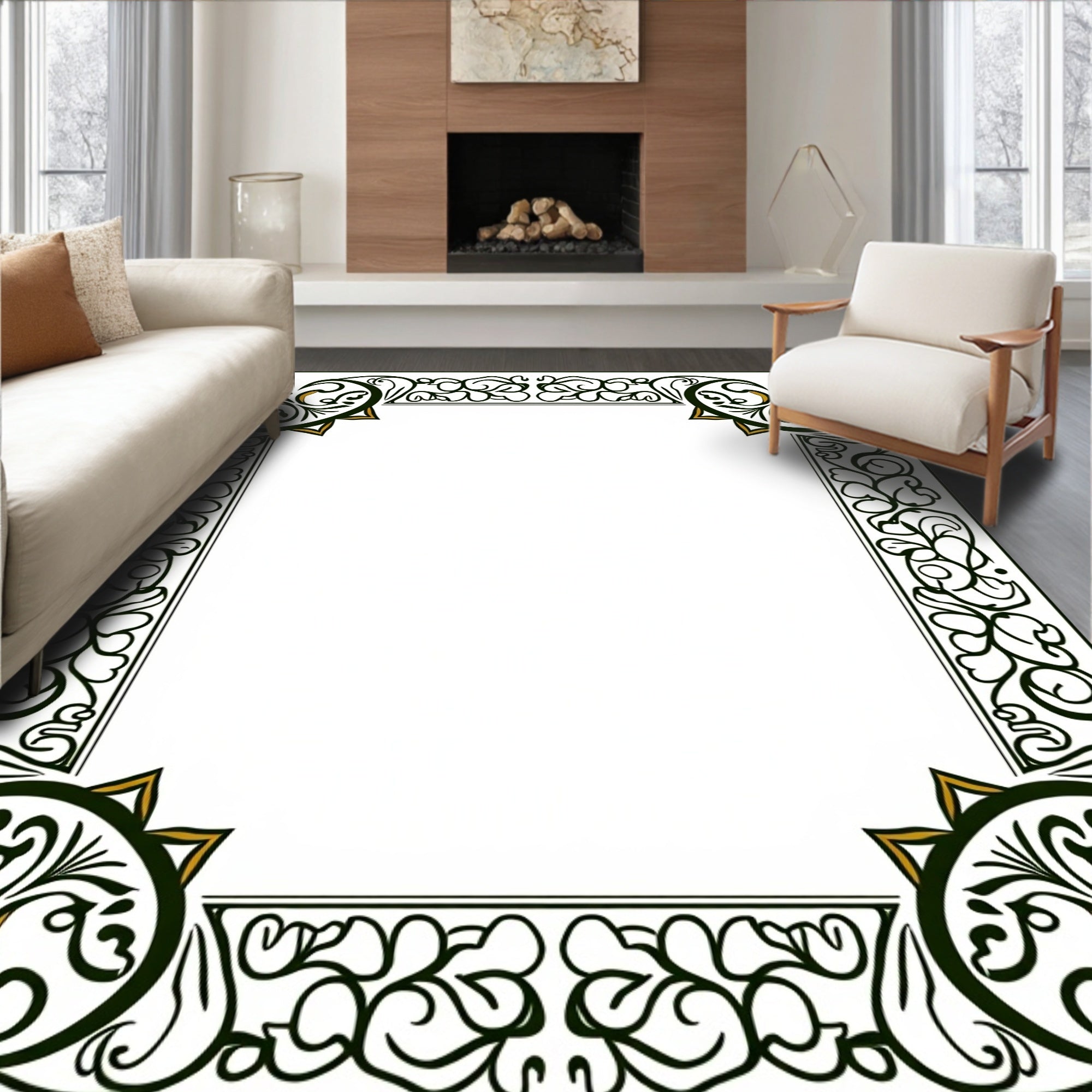 Intricate Floral Scrollwork Golden Accent Rug