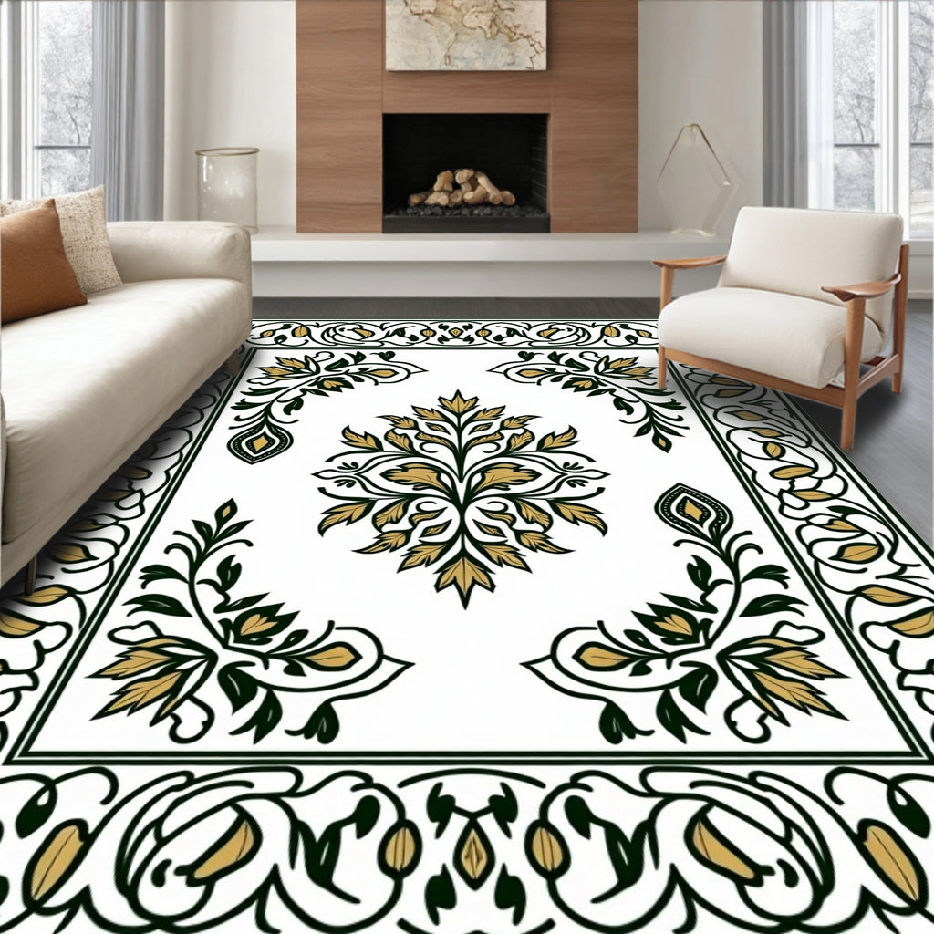Elegant Golden Leaf Floral Design Rug