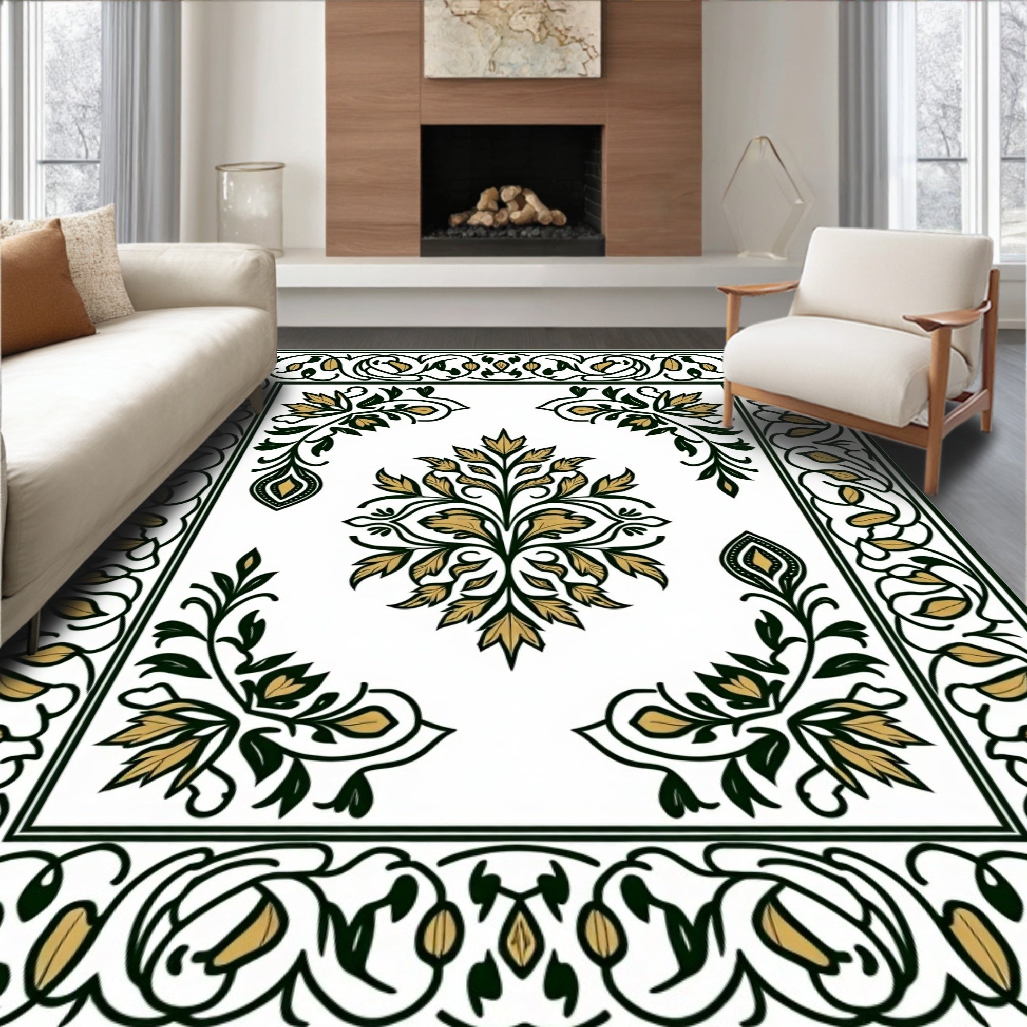 Elegant Golden Leaf Floral Design Rug