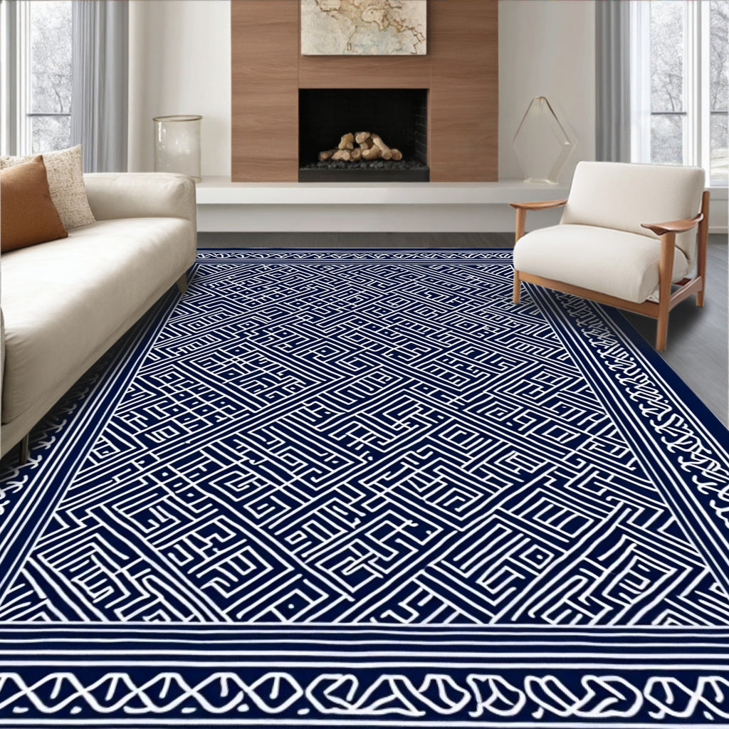 Navy White Intricate Geometric Pattern Rug