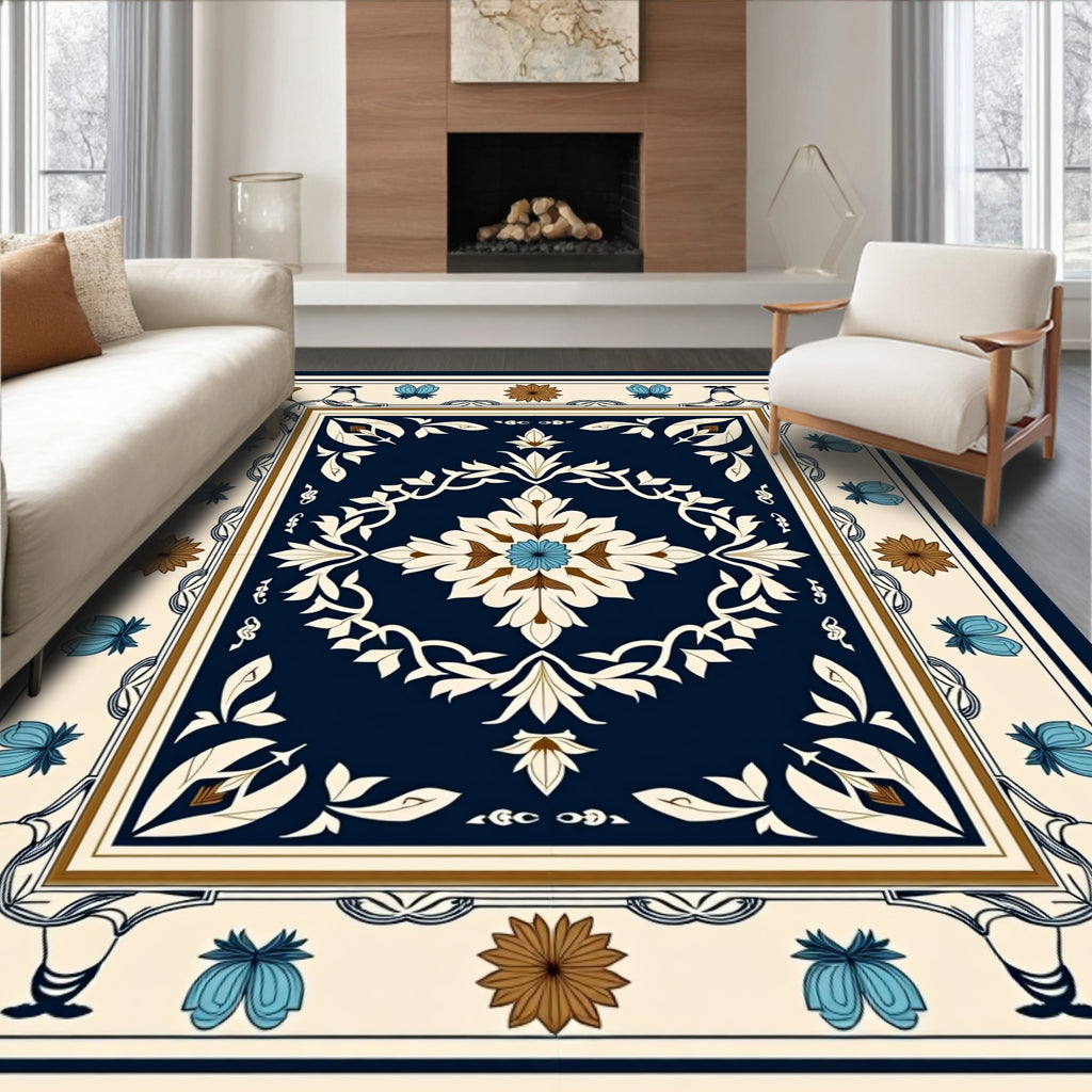 Ornate Floral Medallion Ivory Blue Rug