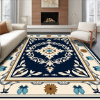 Ornate Floral Medallion Ivory Blue Rug