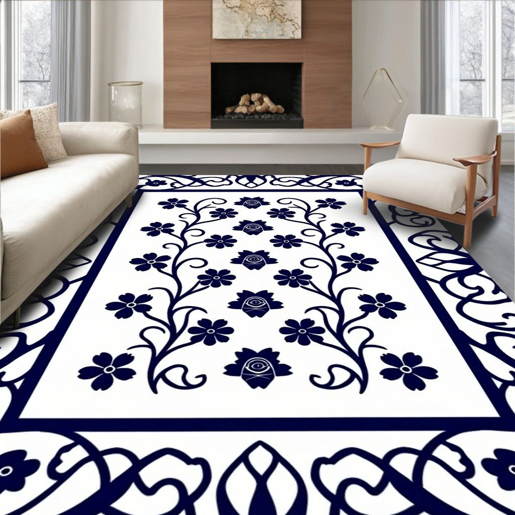 Navy Blue Floral Vine Border Rug