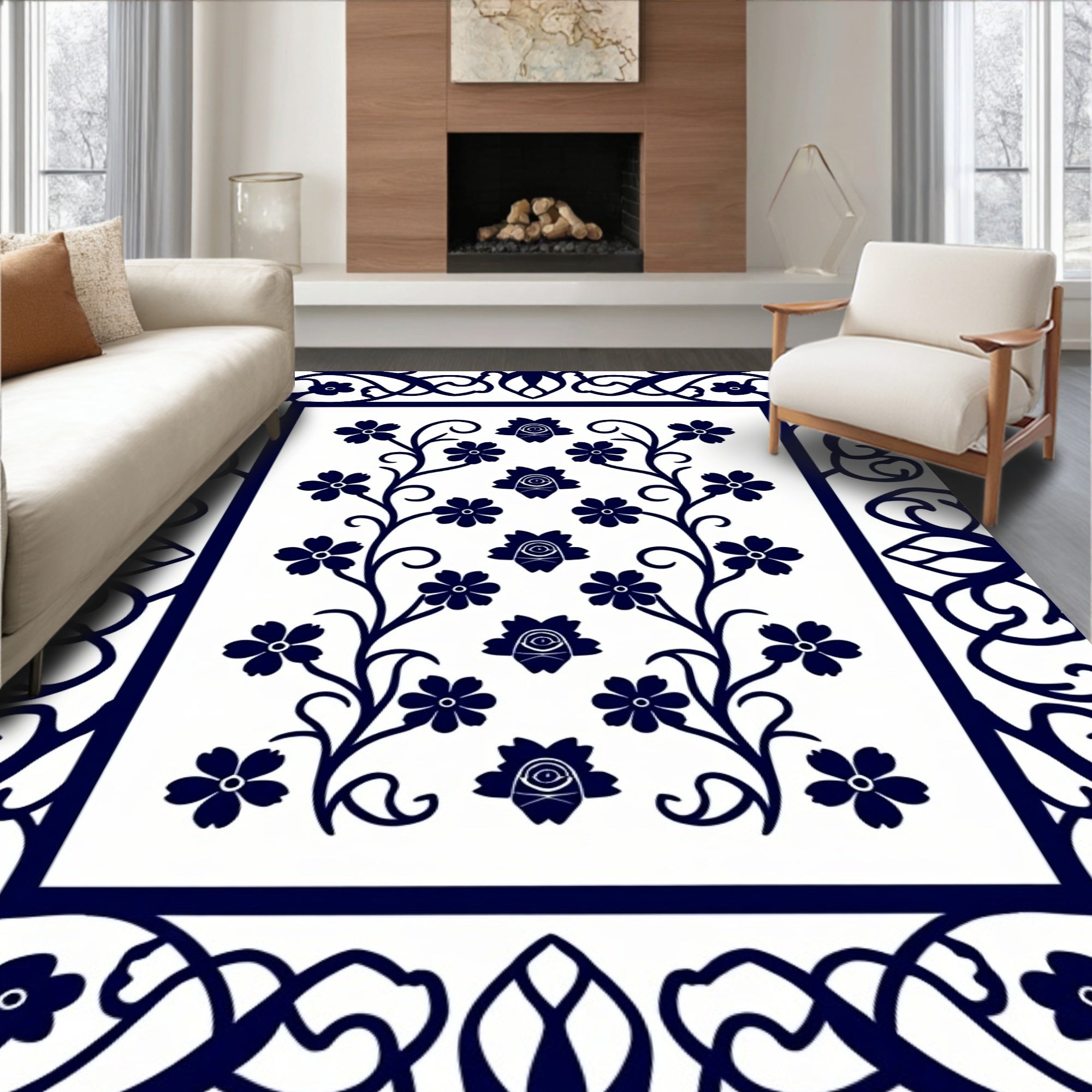 Navy Blue Floral Vine Border Rug