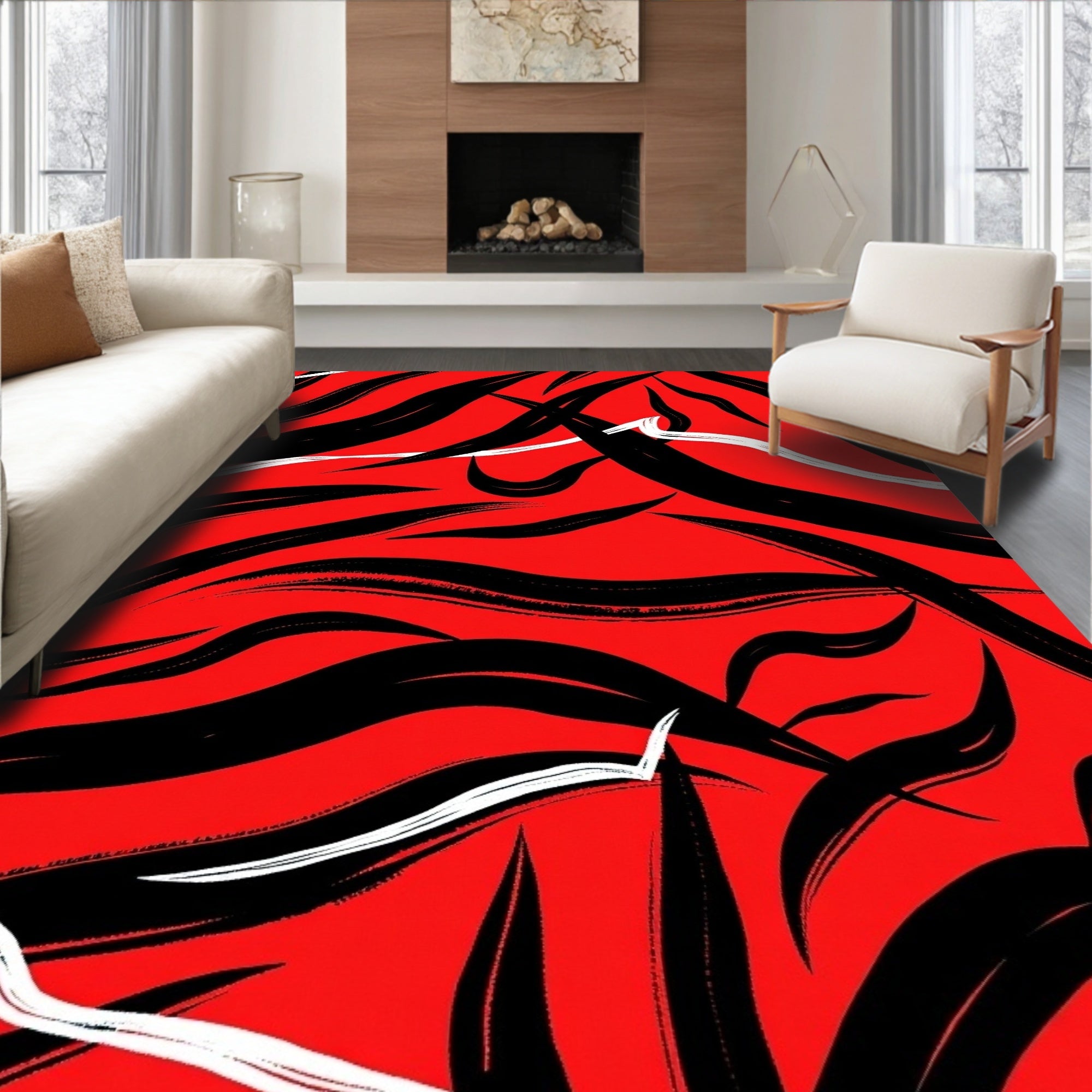 Bold Red Black Abstract Brushstrokes Rug