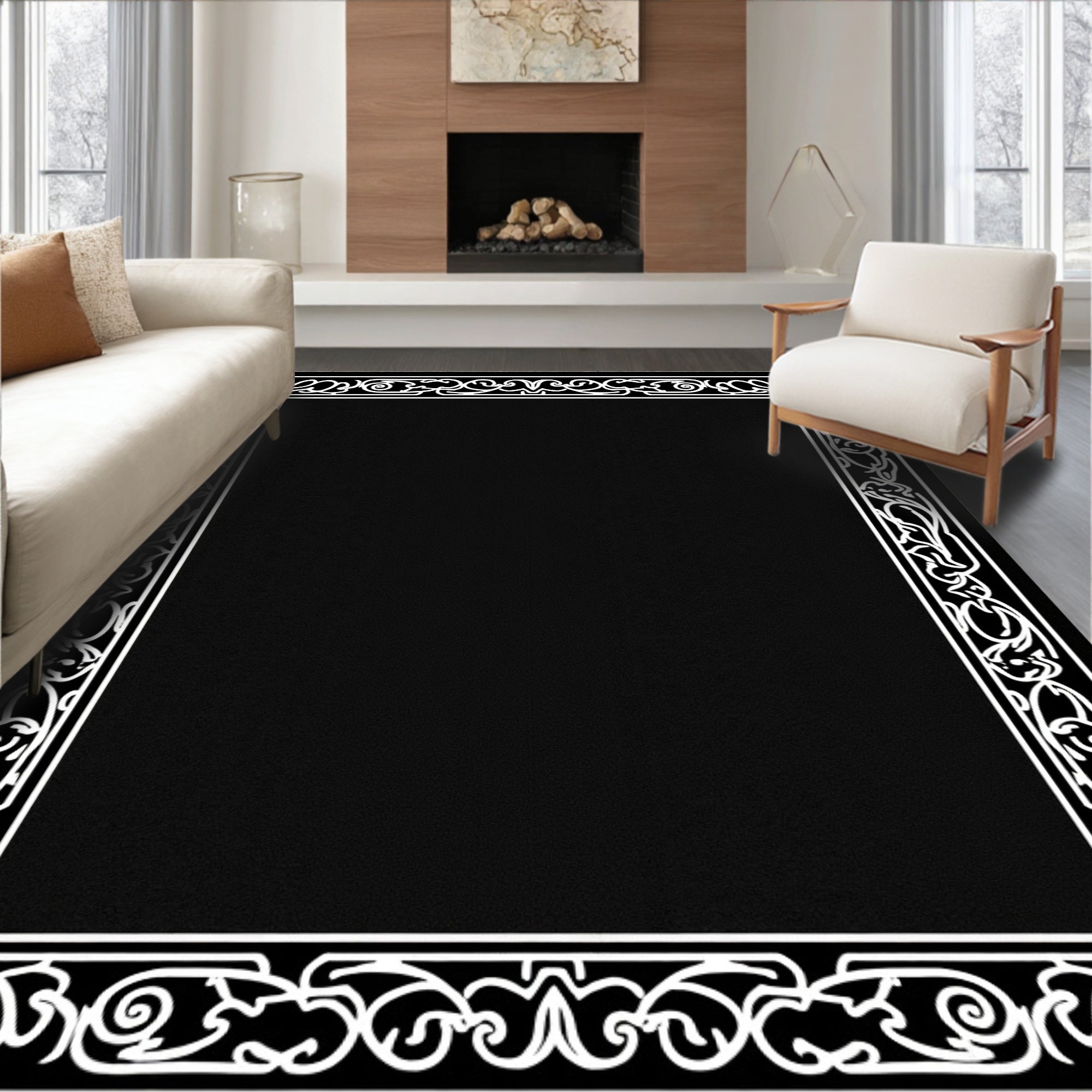 Black White Ornate Scrollwork Design Rug