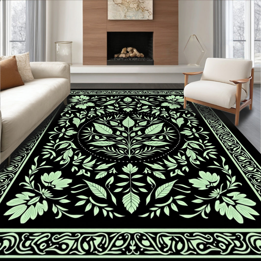 Elegant Light Green Floral Botanical Design Rug