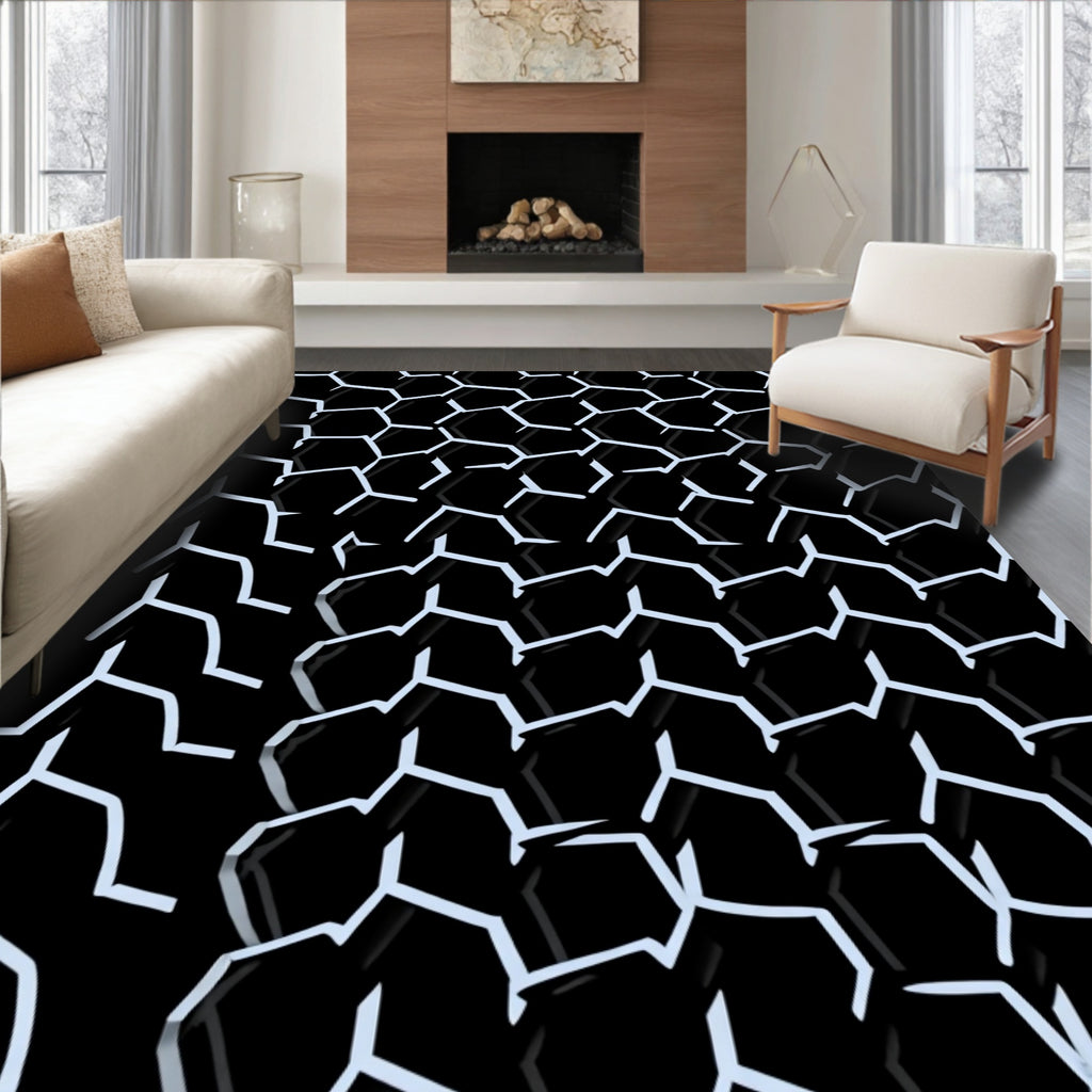 Geometric Honeycomb Black White Pattern Rug