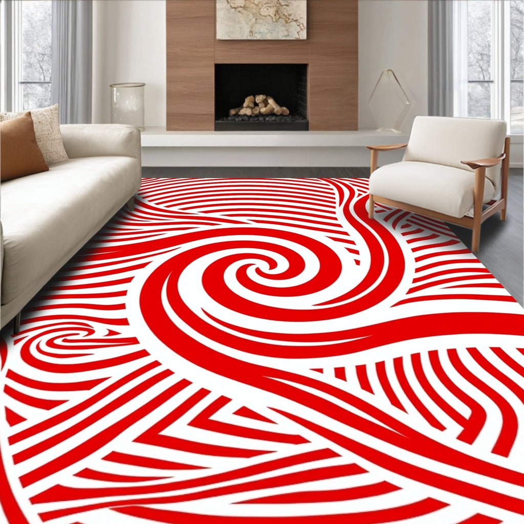 Radiant Red Swirl Stripe Abstract Rug