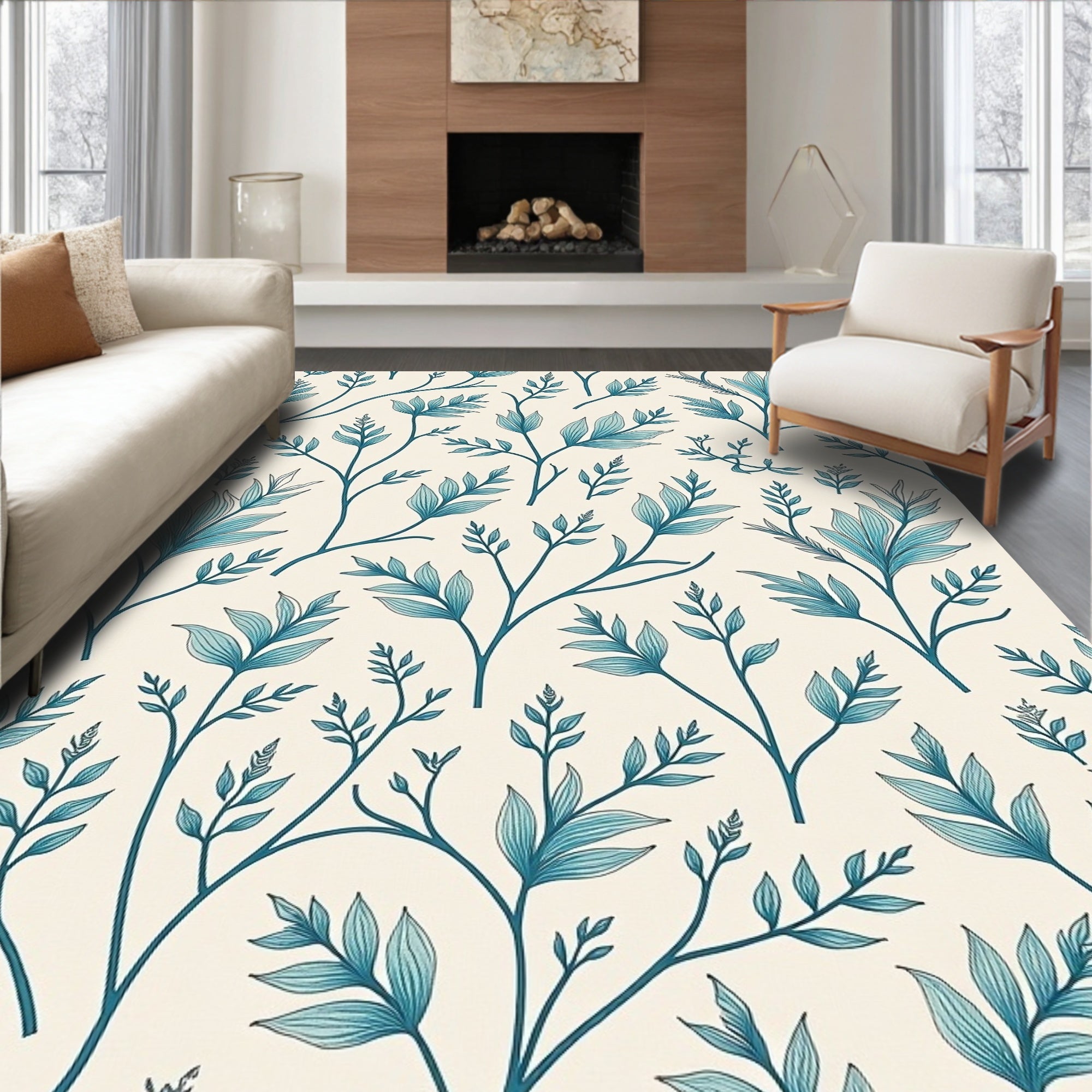 Botanical Vining Pattern With A Teal Hue Rug