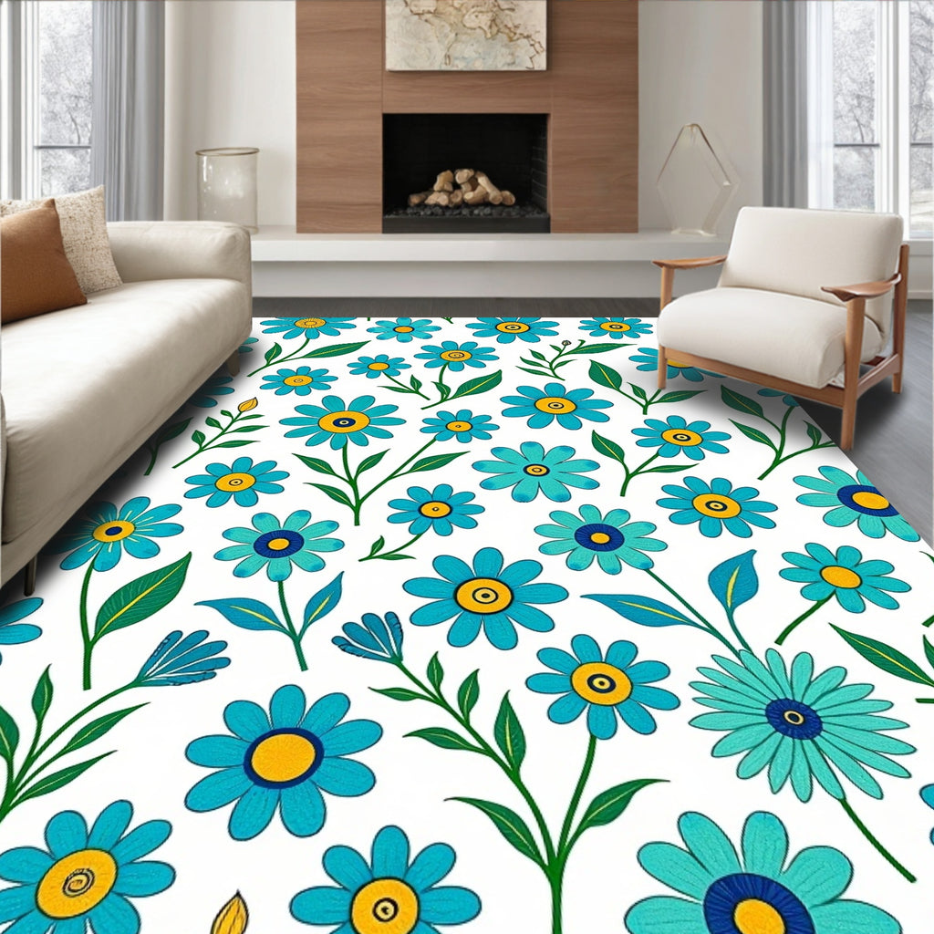 Blue Floral Pattern With Yellow Centers Rug