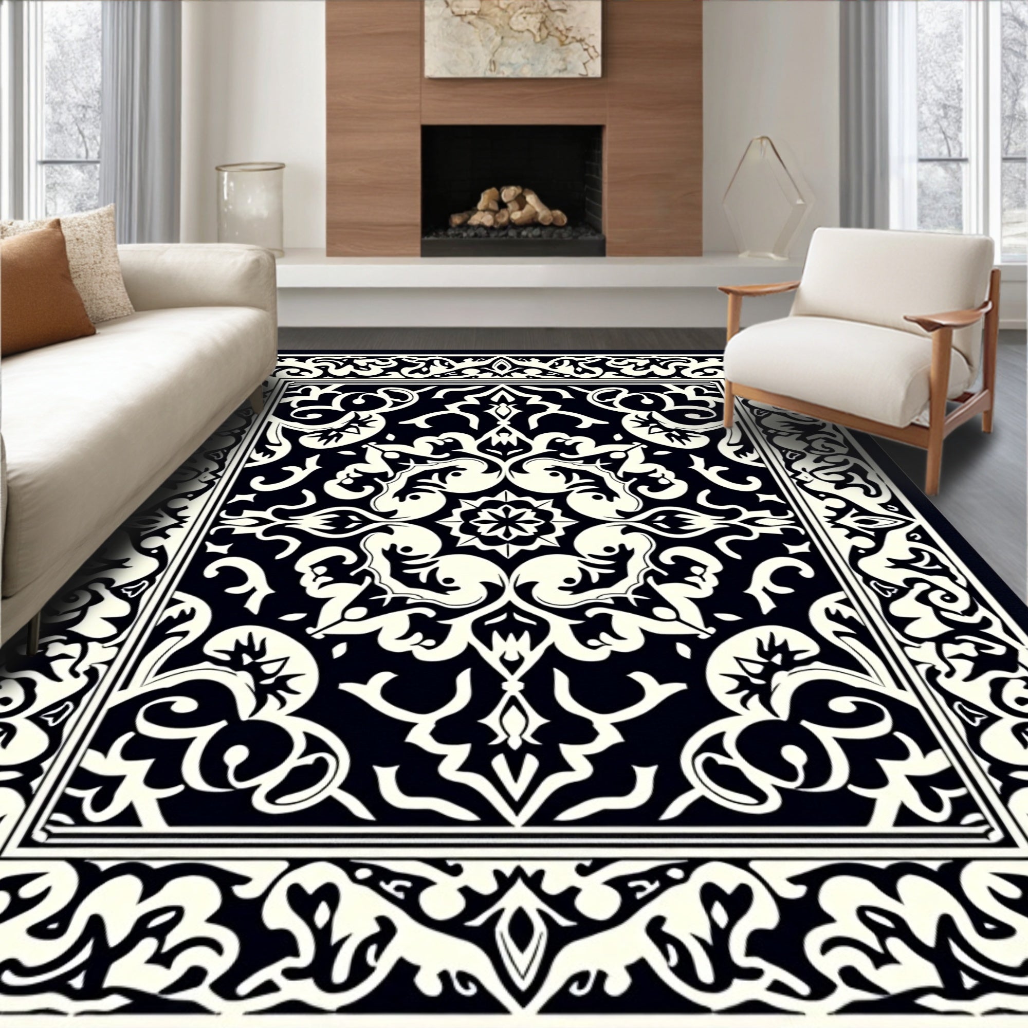 Intricate Black Cream Floral Pattern Rug