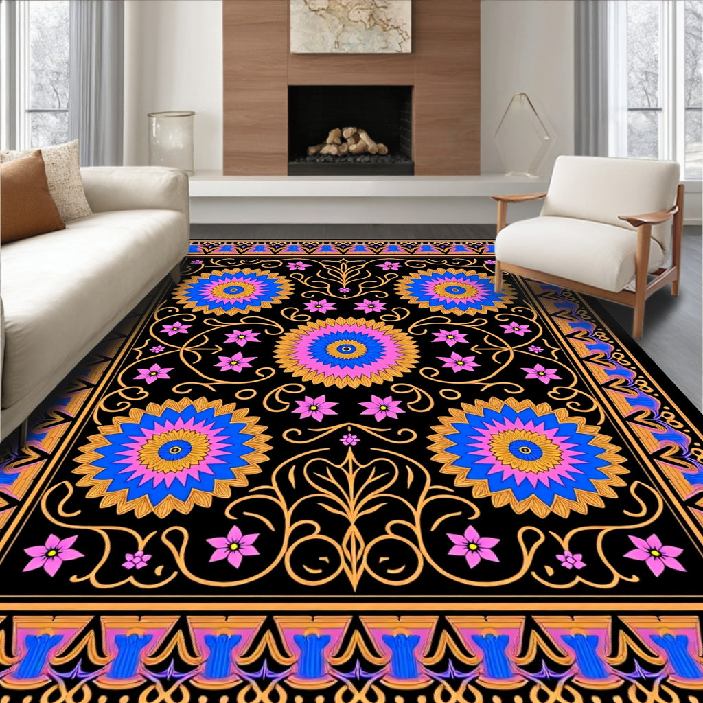 Vibrant Floral Medallion Black Pattern Rug