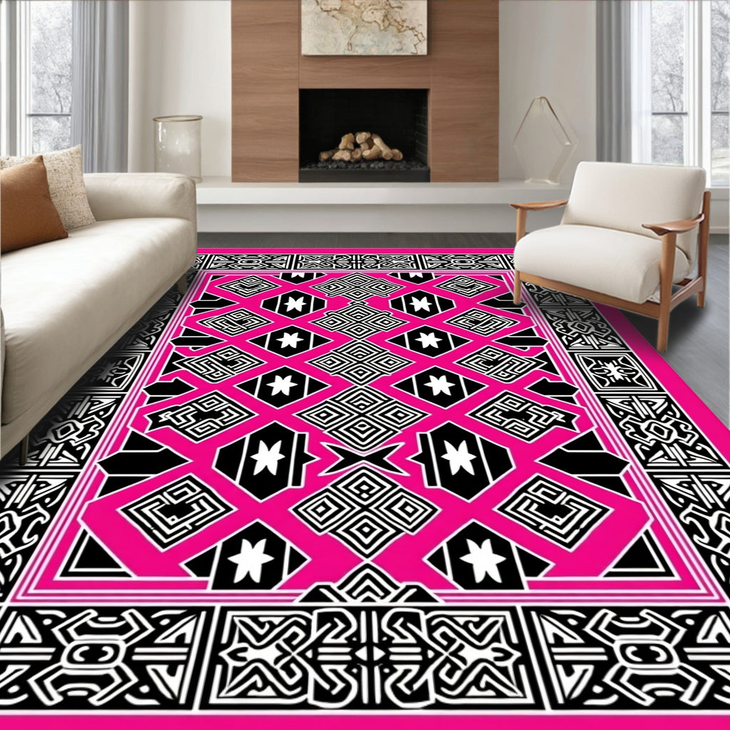 Bold Geometric Pattern With Pink Background Rug