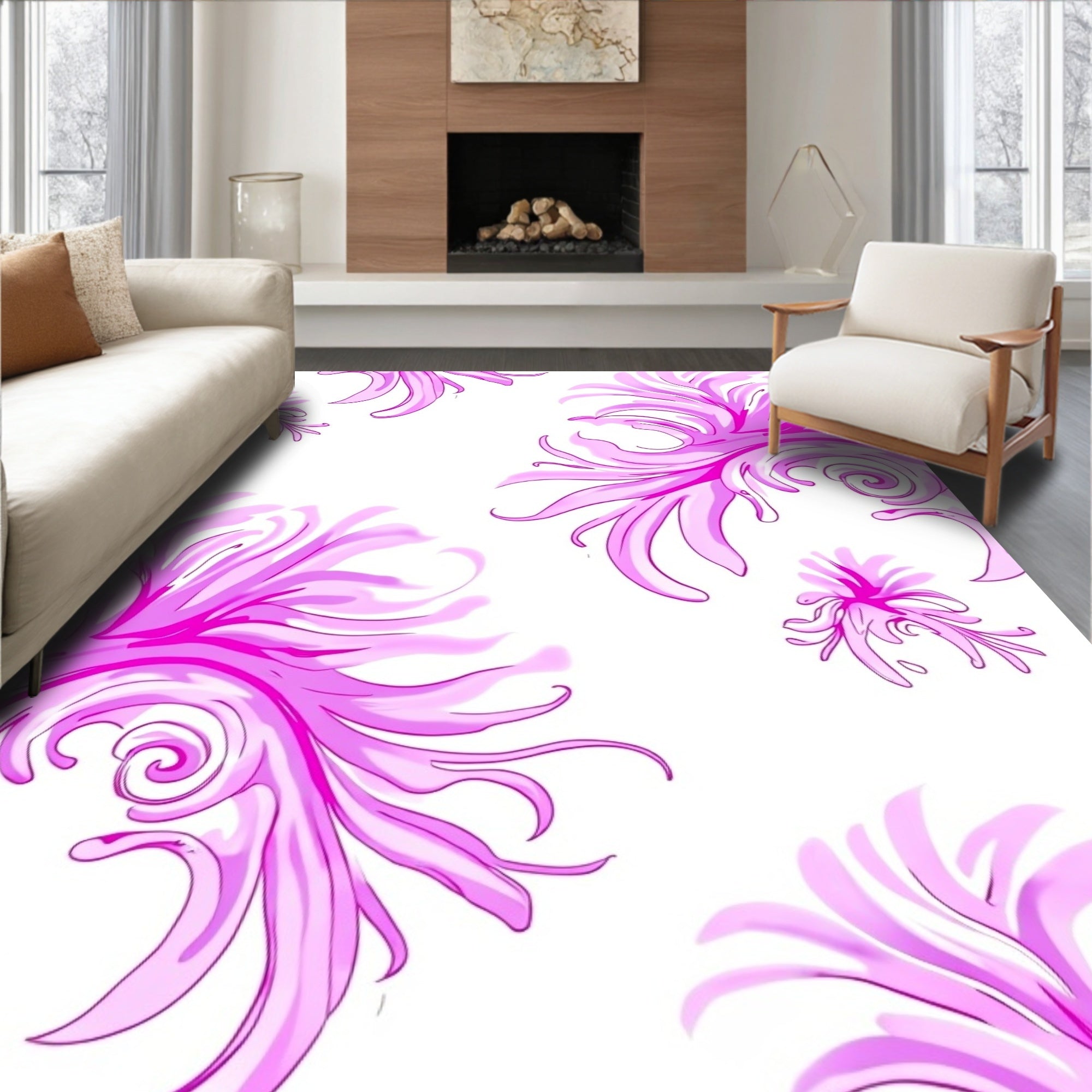 Pink Floral Scrollwork Pattern Design Rug