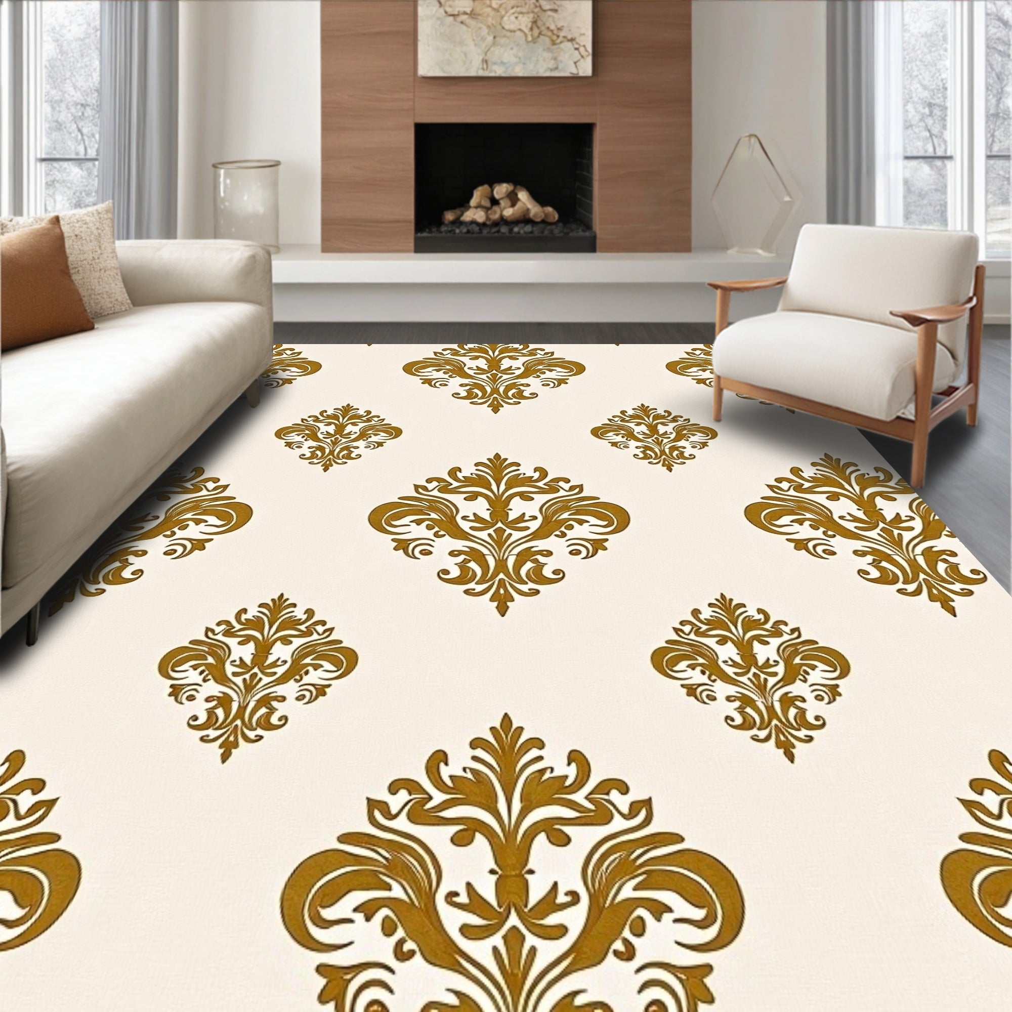 Ornate Gold Leaf Damask Pattern Rug