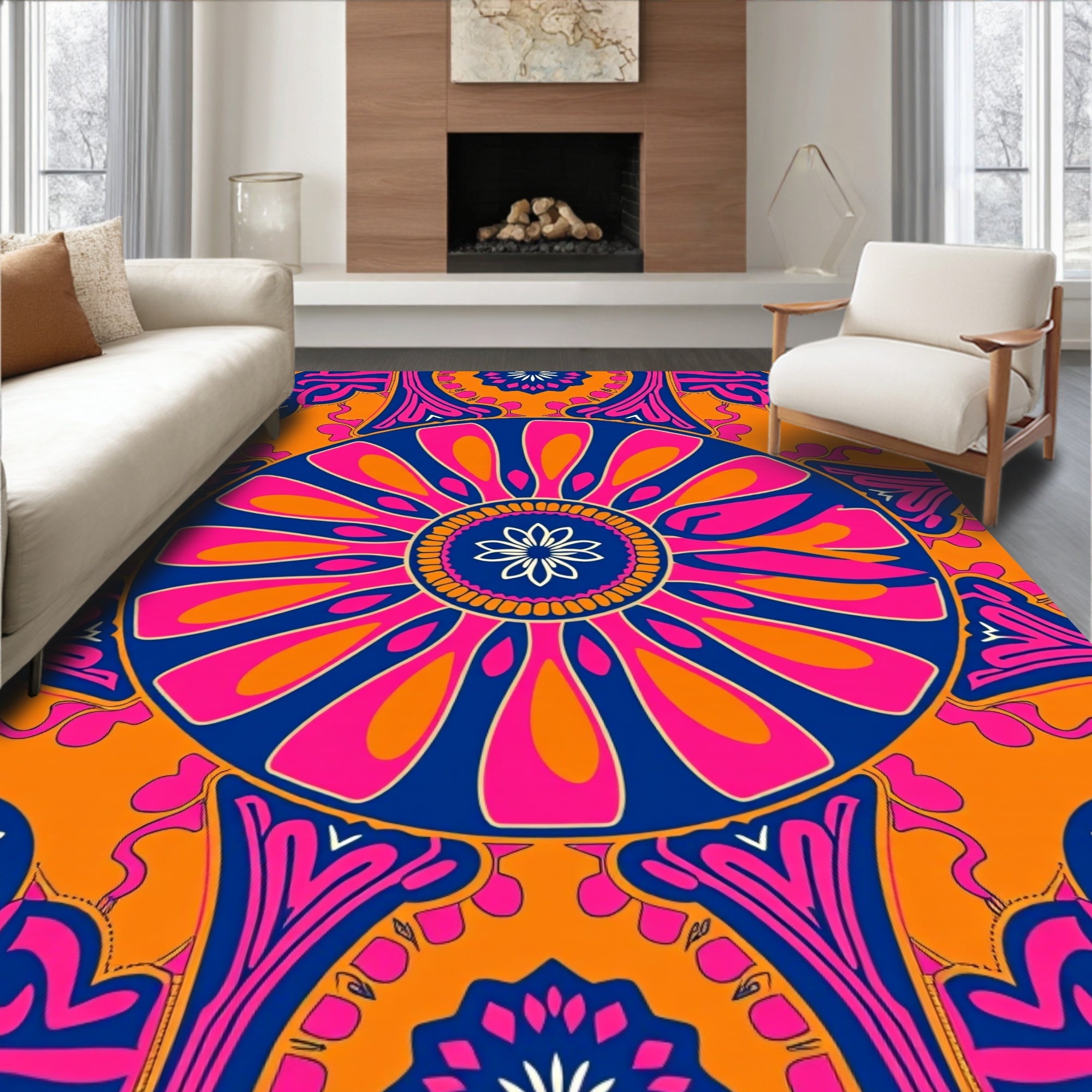 Vibrant Flower Mandala Pattern Design Rug