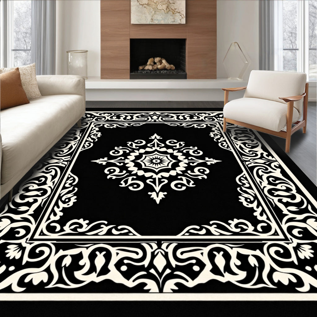 Classic Black White Floral Pattern Rug