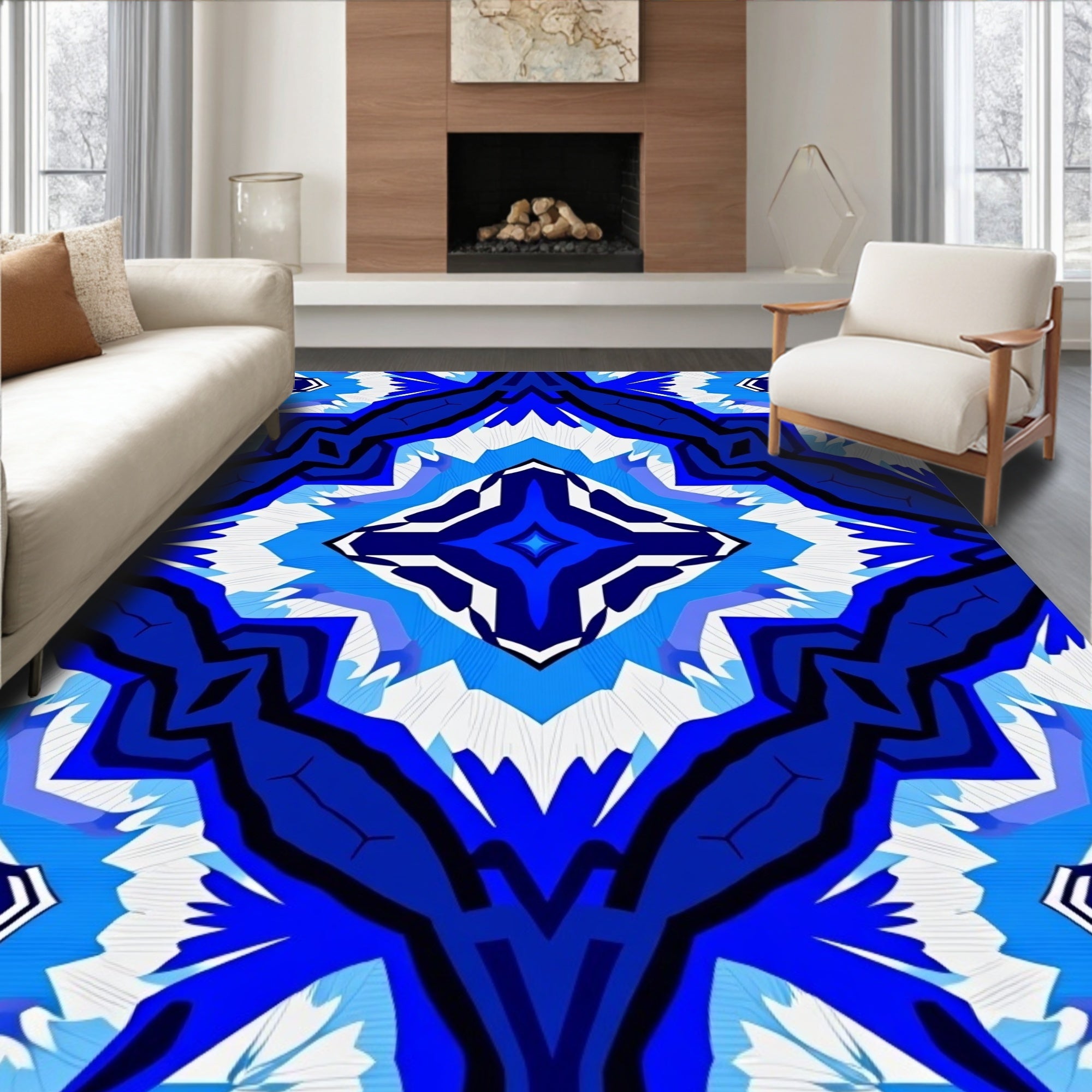 Bold Blue White Interlocking Pattern Rug