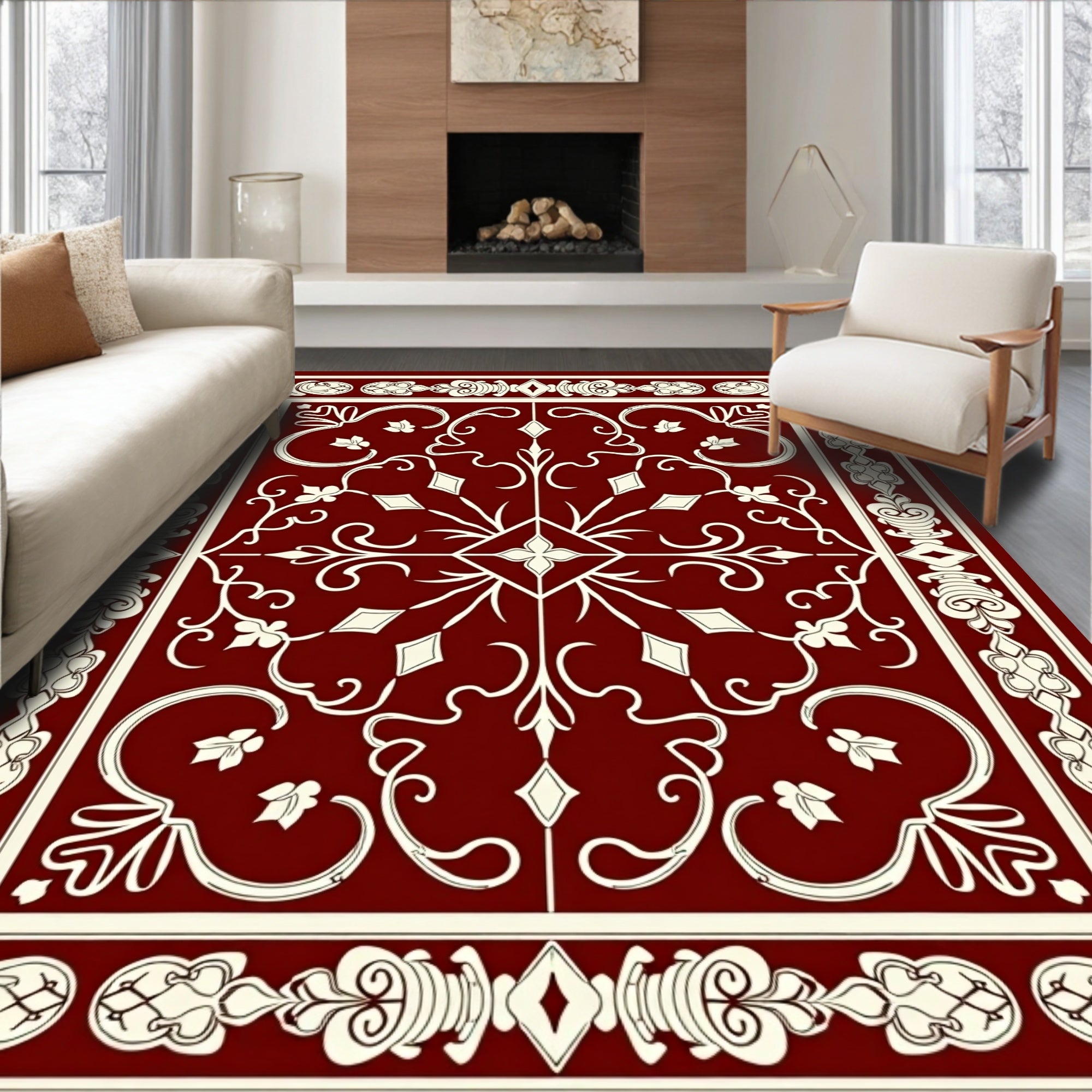 Ornate Cream Floral Vine Pattern Rug