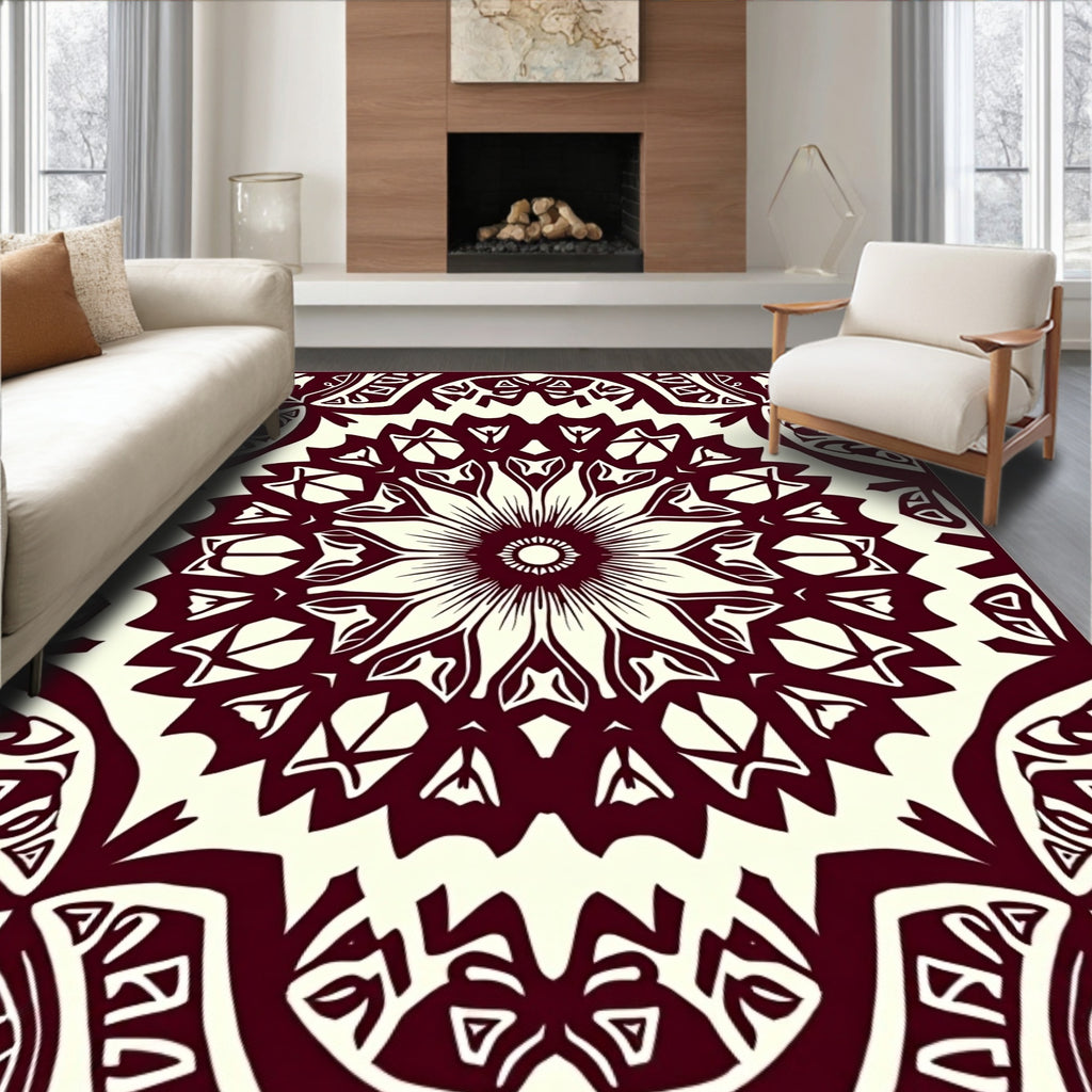 Intricate Maroon Floral Mandala Design Rug