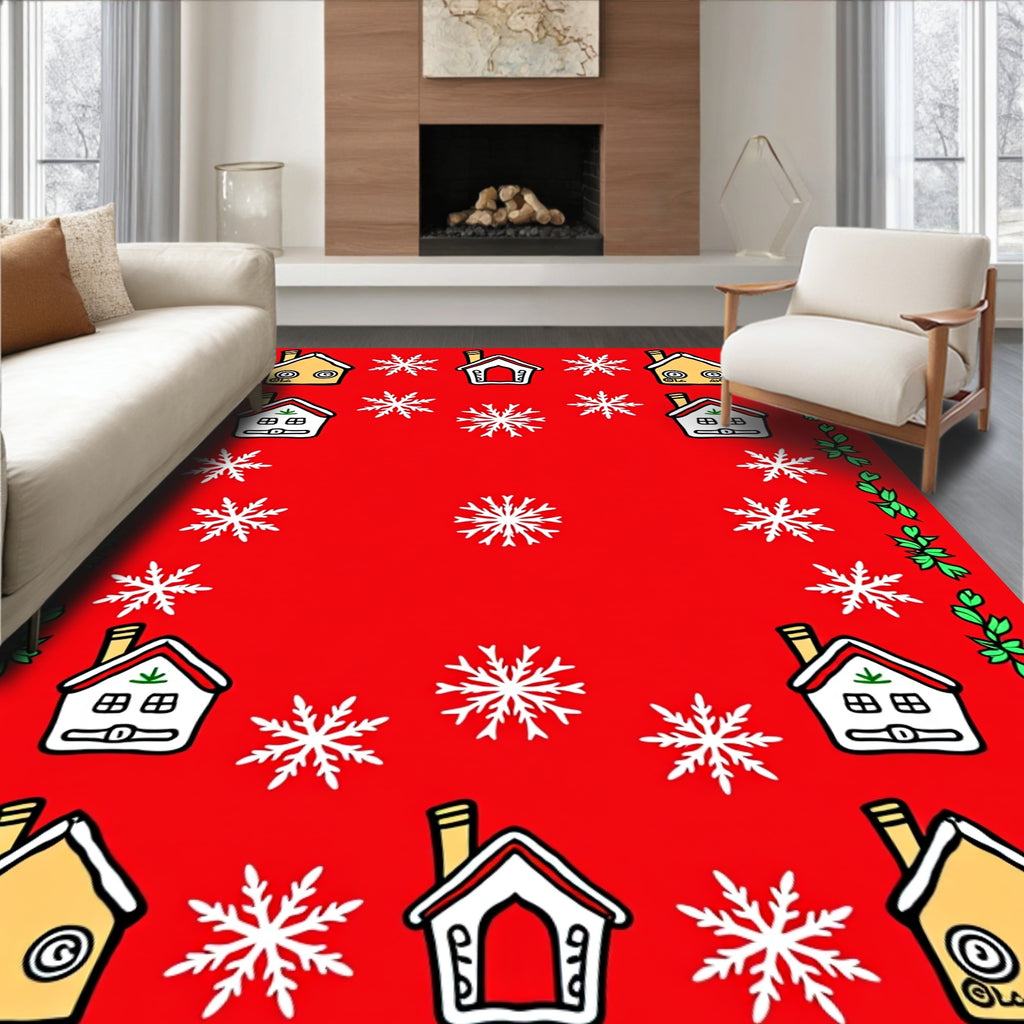 Cozy Winter Village Snowflake Border Rug