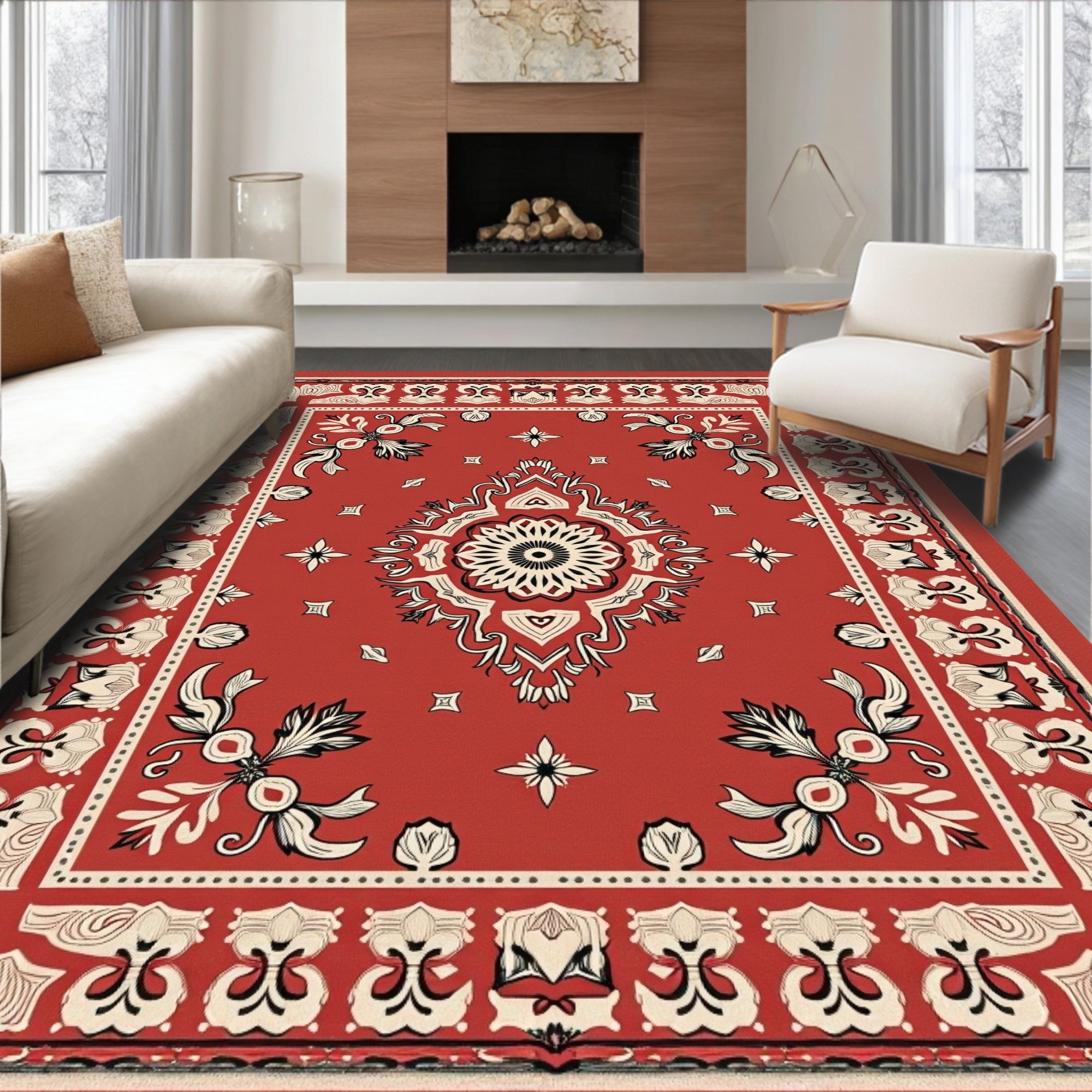 Red Scroll Patterned Decorative Rug