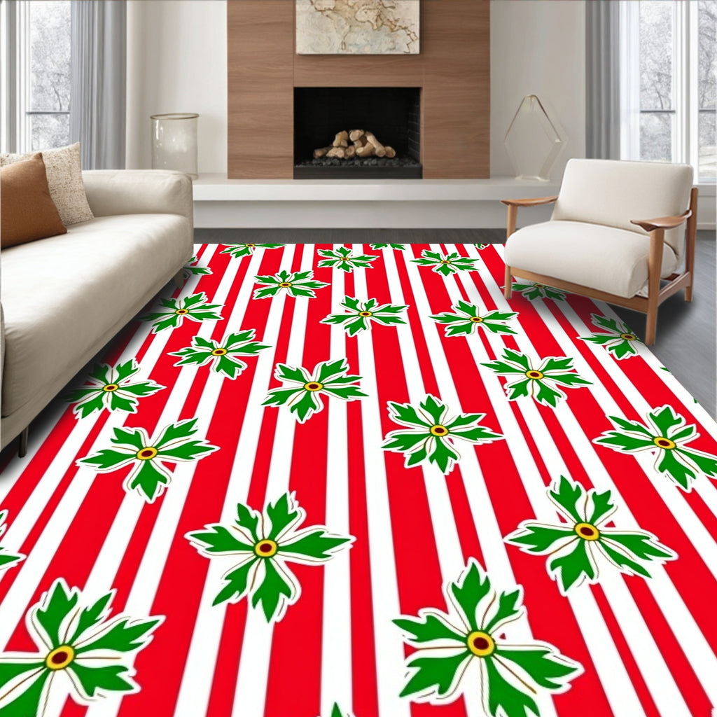 Red White Striped Green Floral Rug