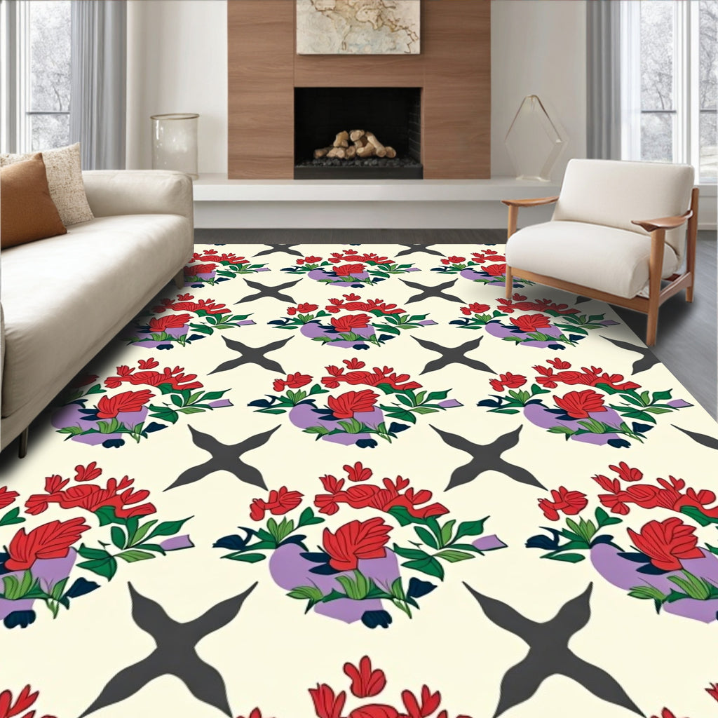 Traditional Red Floral Pattern With X Motif Rug