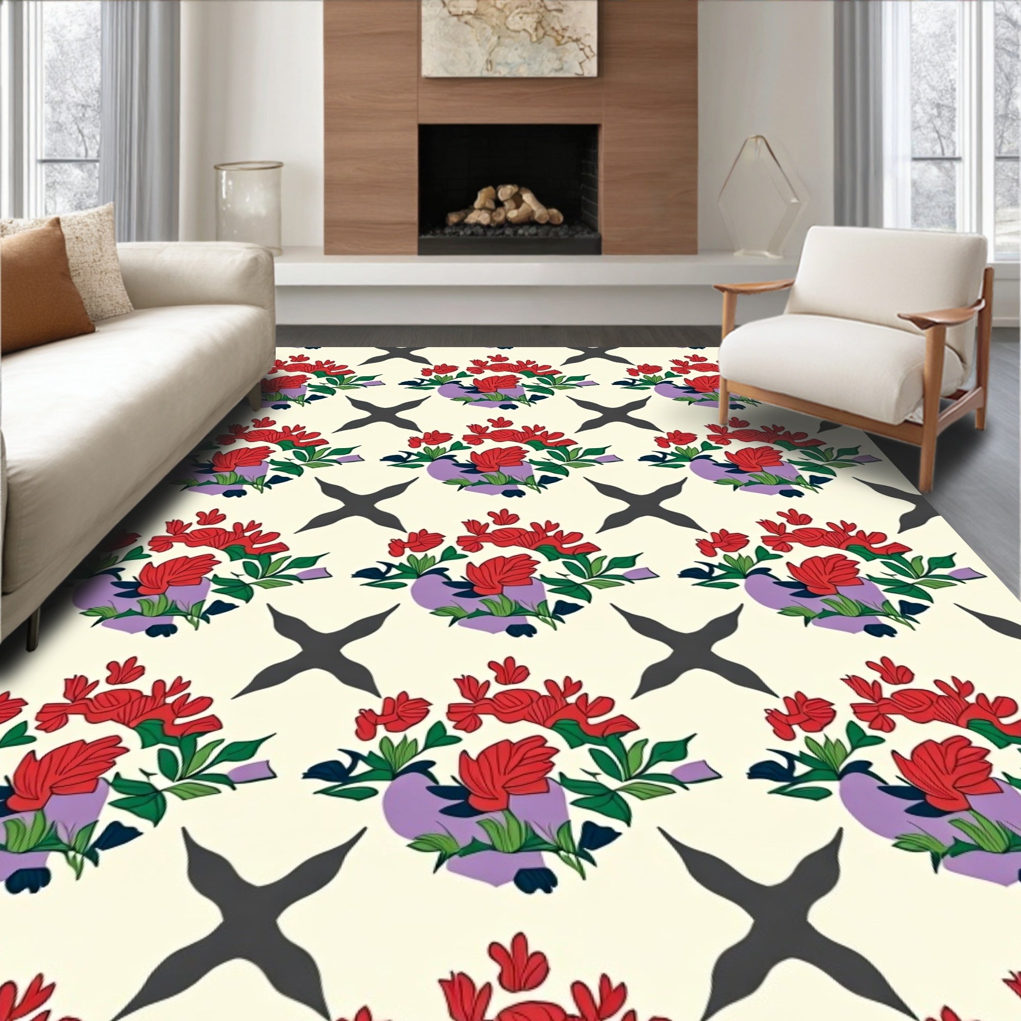 Traditional Red Floral Pattern With X Motif Rug