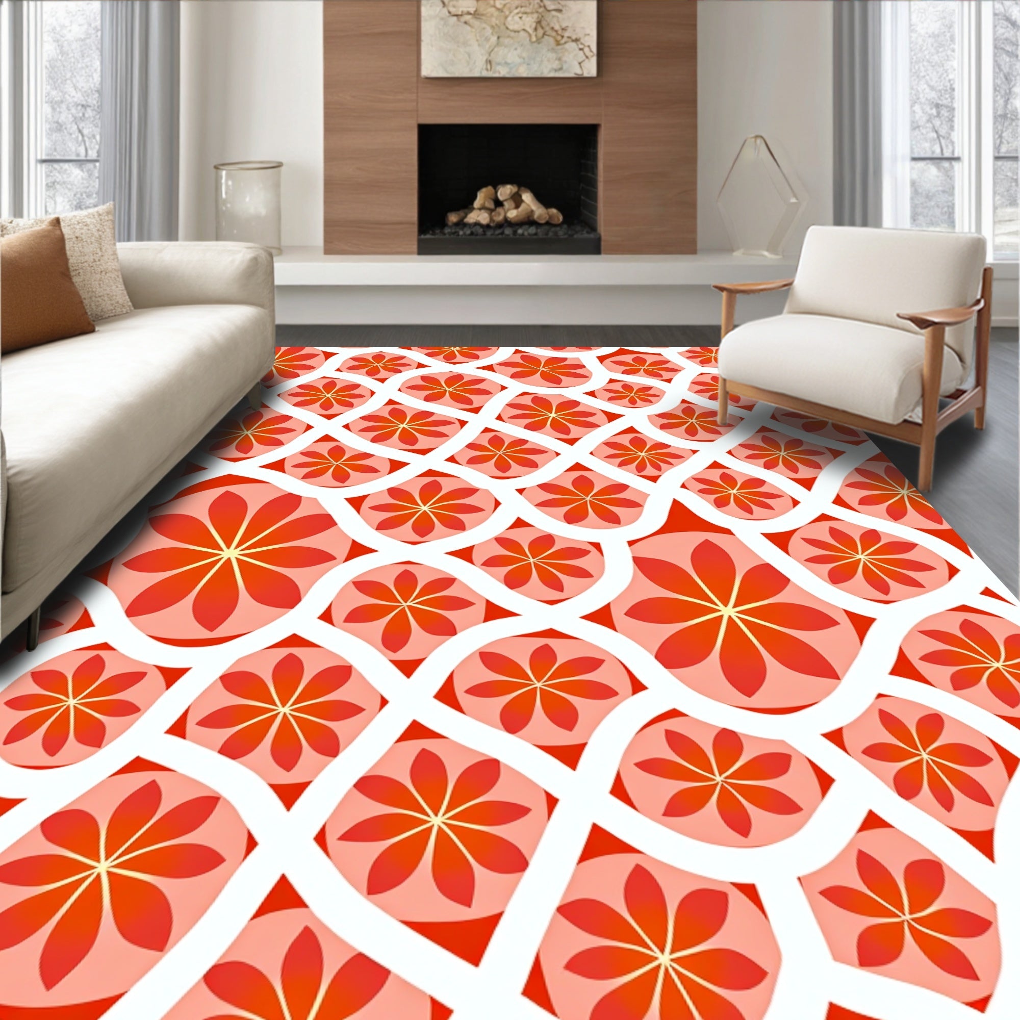 Red Floral Patterned Vibrant Design Rug