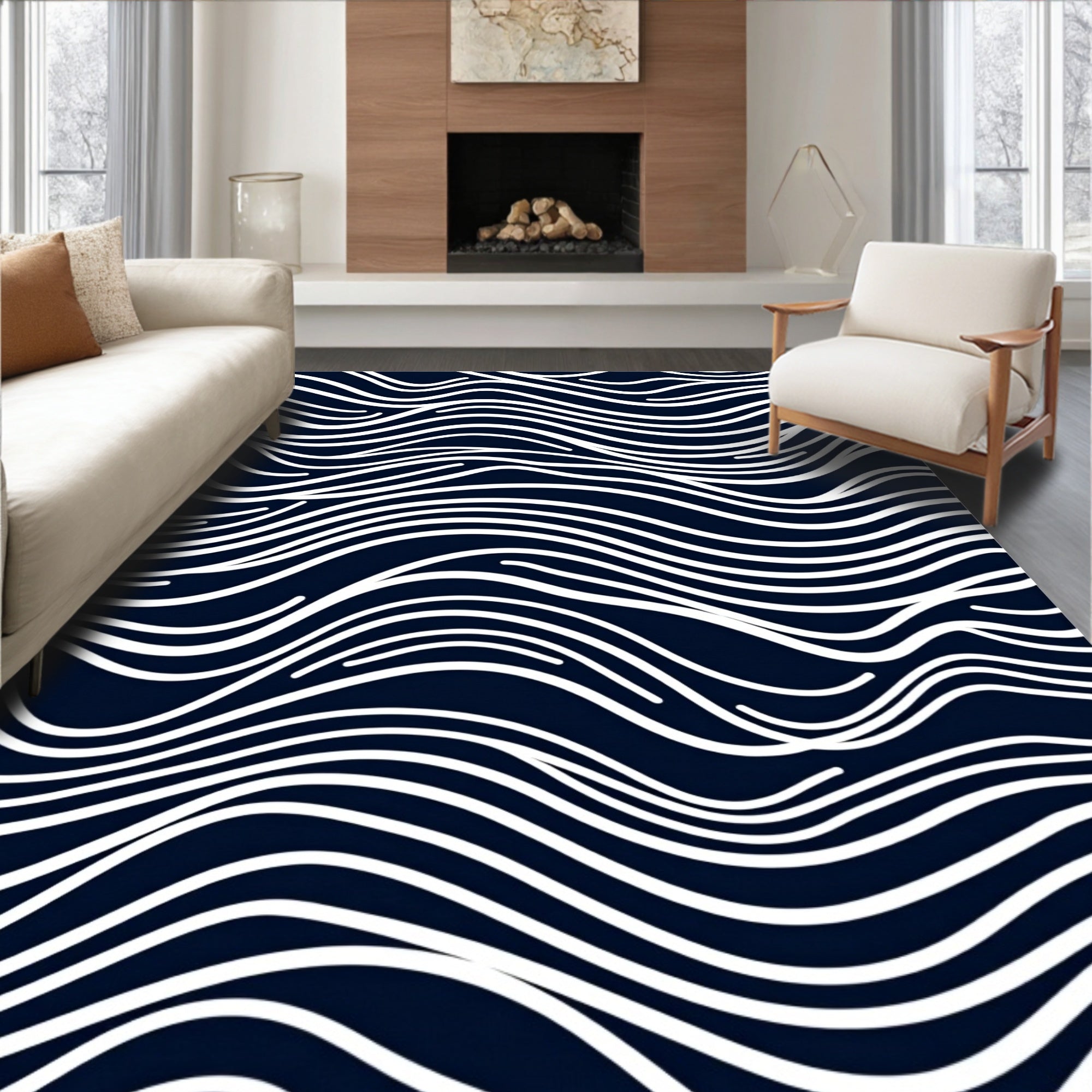 Abstract Navy Wavy Lines Pattern Rug