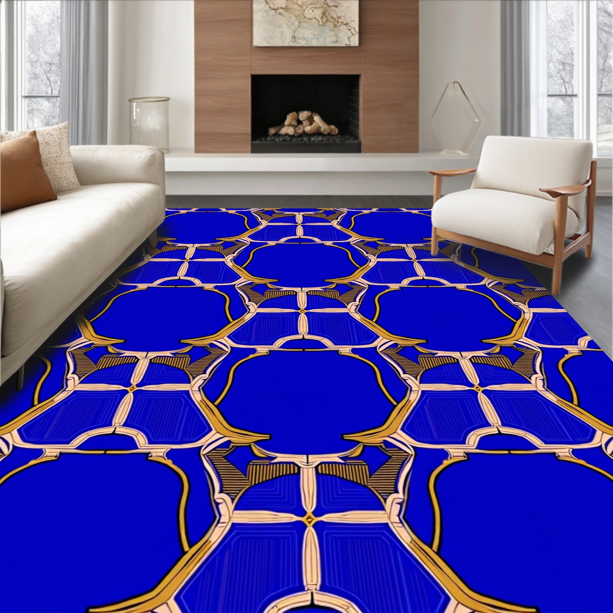 Geometric Art Deco Blue And Gold Rug