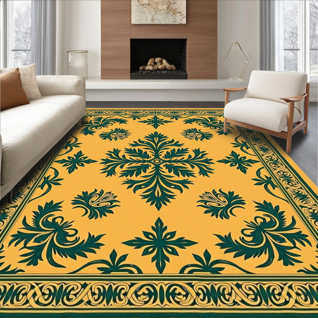 Golden Yellow Teal Floral Scroll Rug
