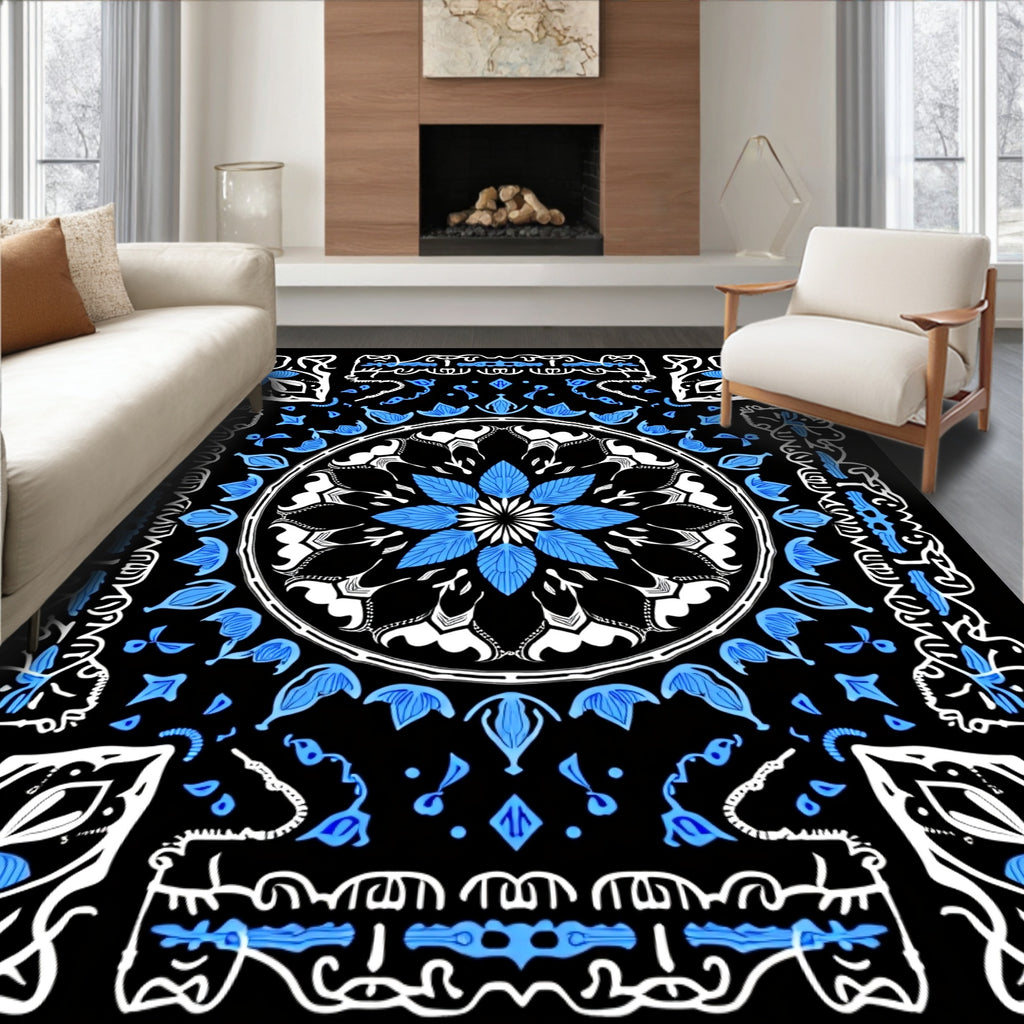 Monochromatic Blue Floral Mandala Design Rug