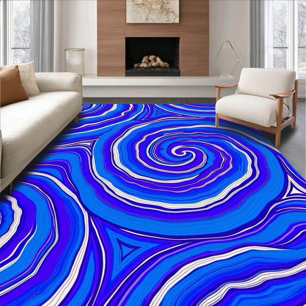 Vibrant Blue Swirl Marbled Pattern Rug