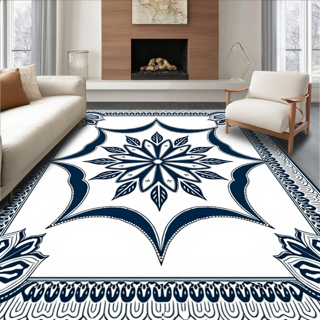 Classic Navy Floral Mandala Pattern Rug