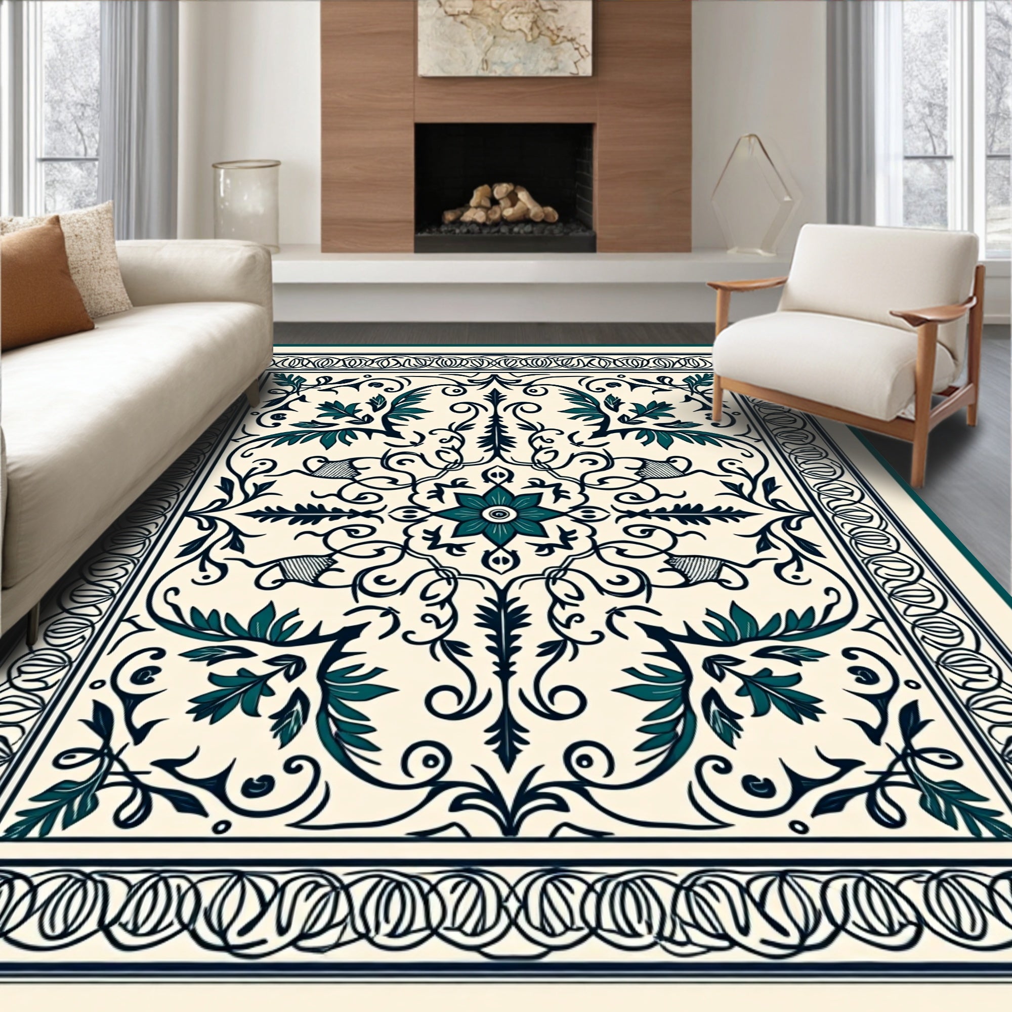 Elegant Floral Scroll Work Design Rug