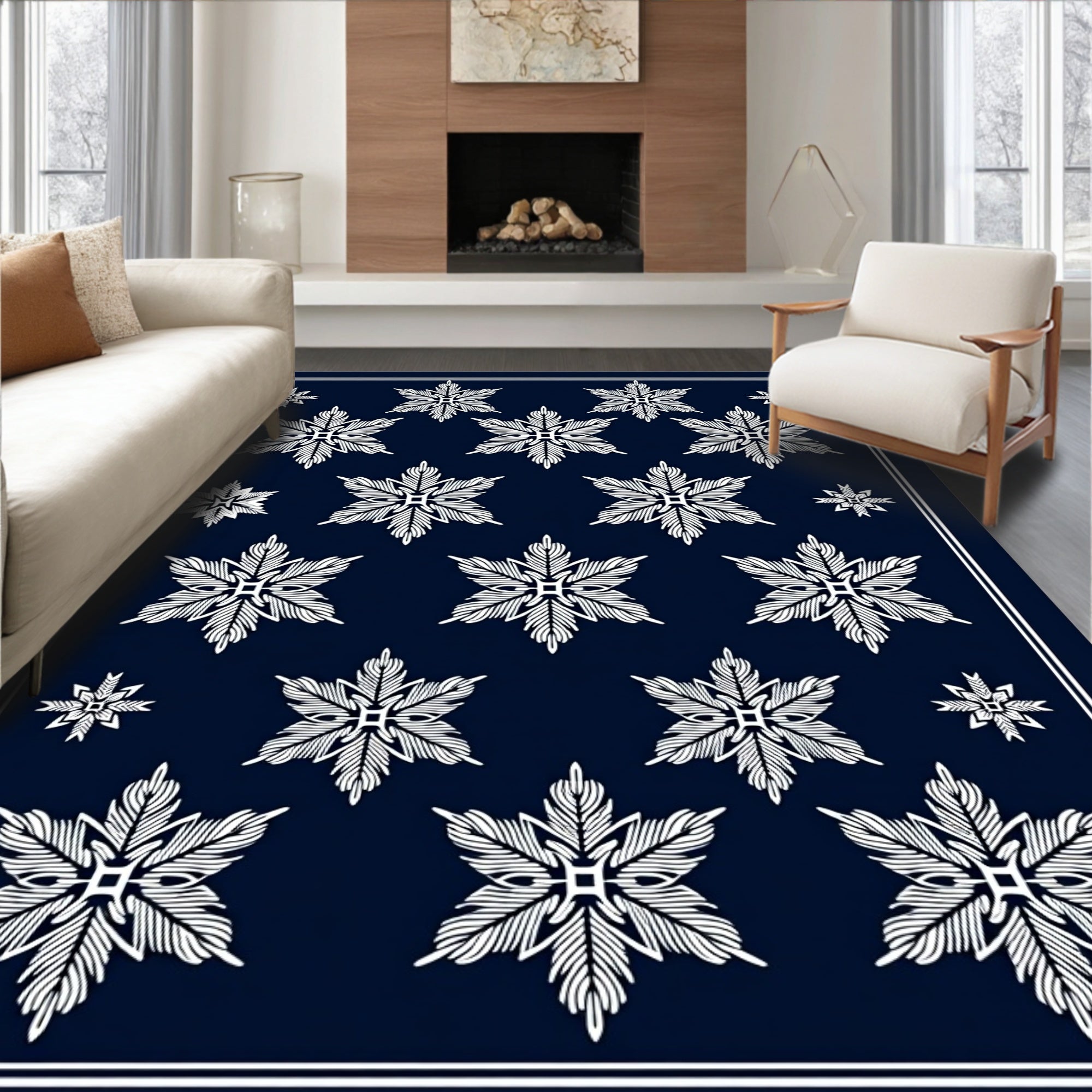 White Snowflake Medallion Navy Rug