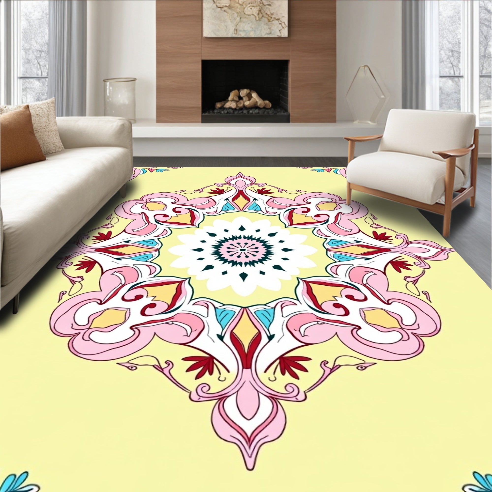 Pastel Floral Symmetry Mandala Design Rug