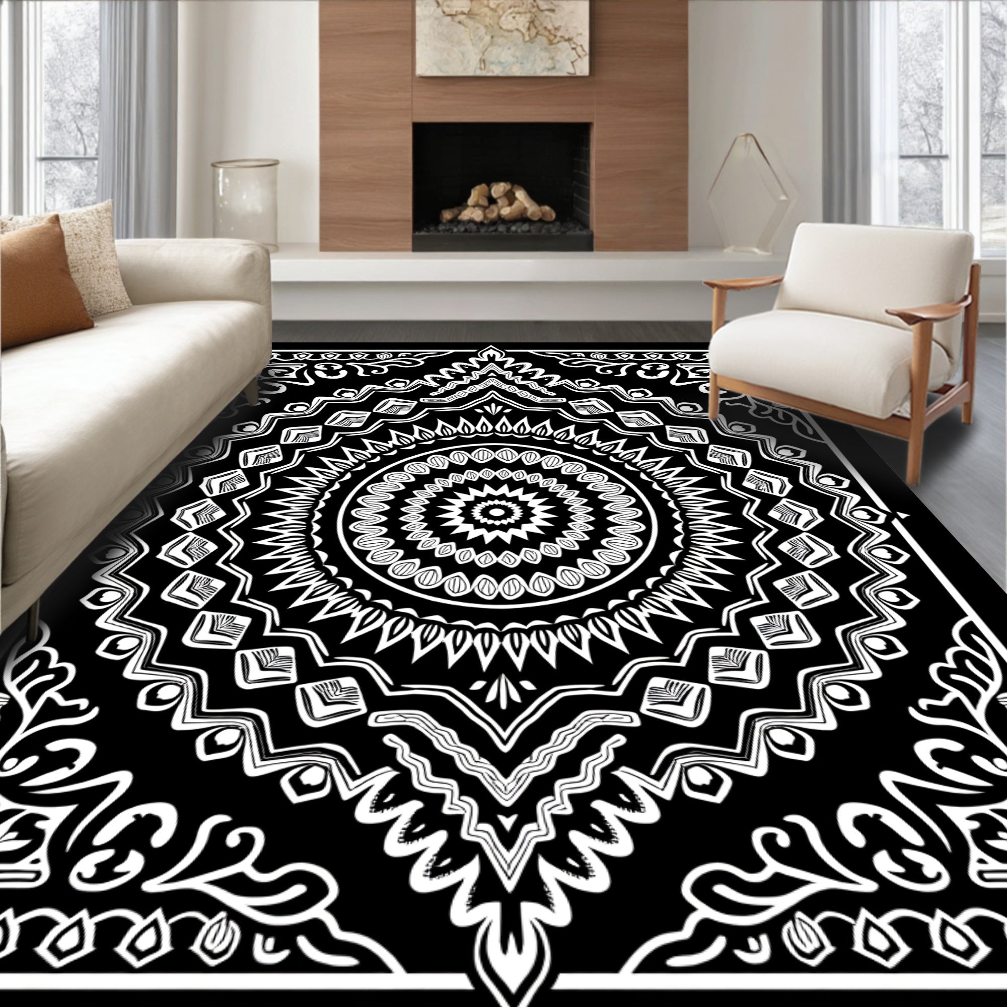 Intricate Black White Mandala Pattern Rug
