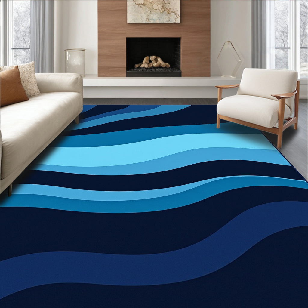 Deep Blue Wavy Stripes Pattern Rug