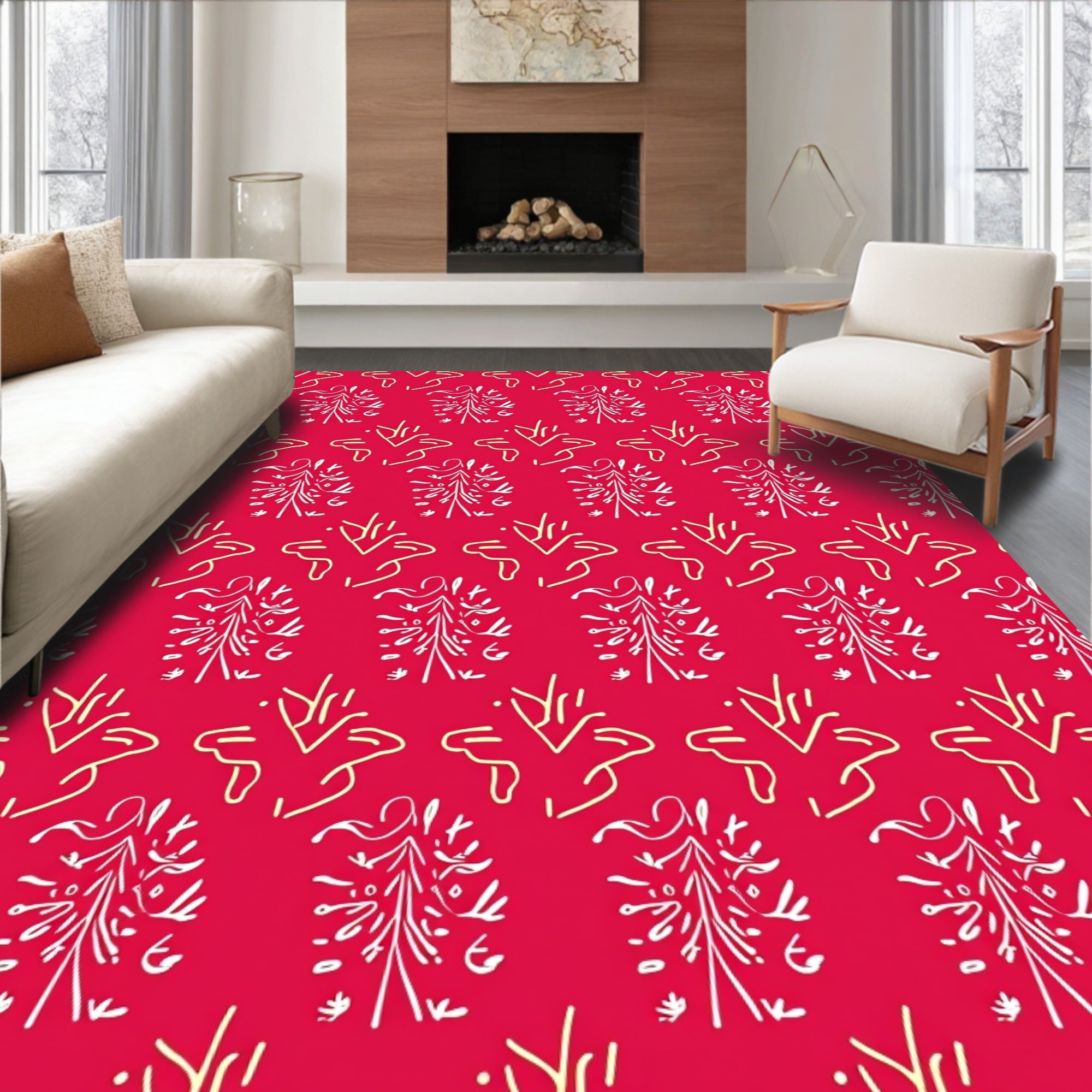 Crimson White Yellow Abstract Branch Rug