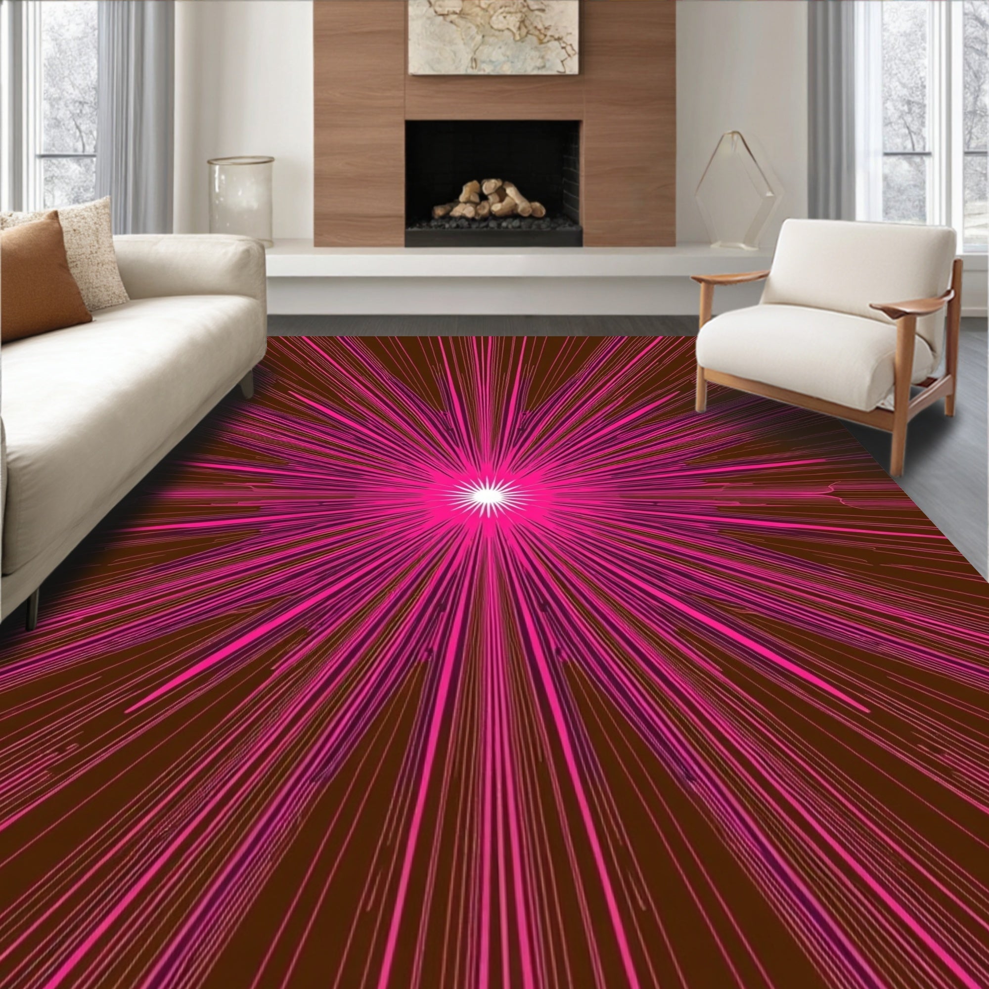 Radiant Burst Pink Brown Abstract Pattern Rug