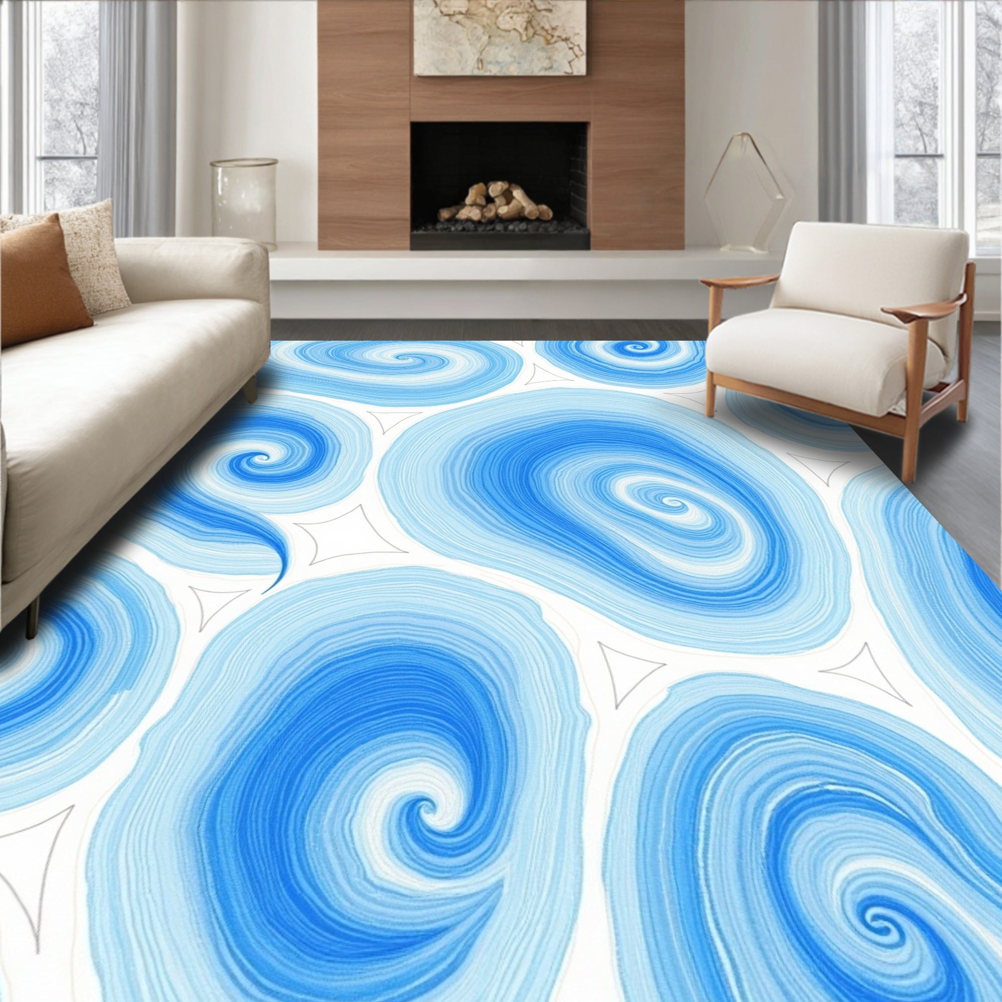 Abstract Blue Swirls Pattern Design Rug