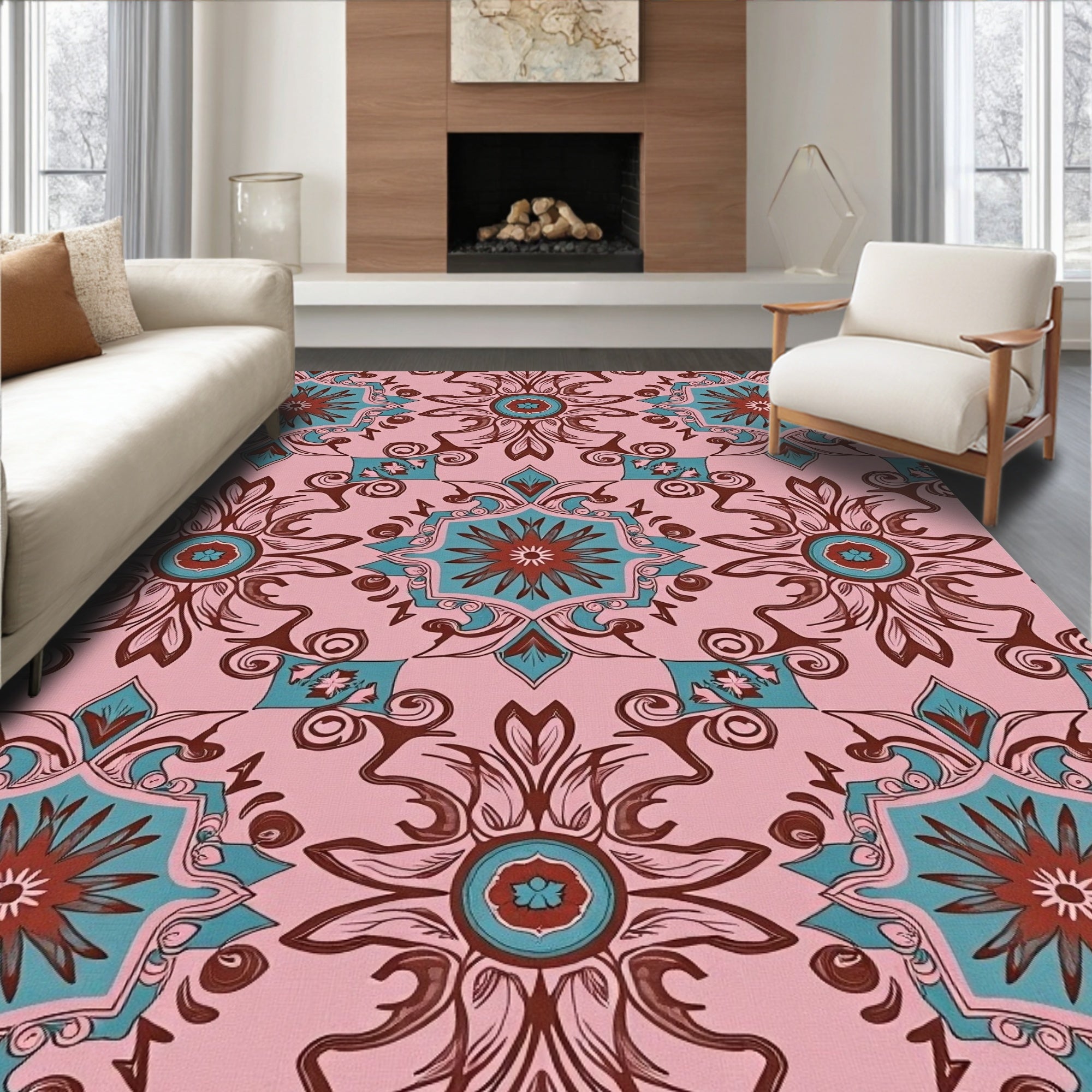 Pink Teal Brown Mandala Pattern Rug