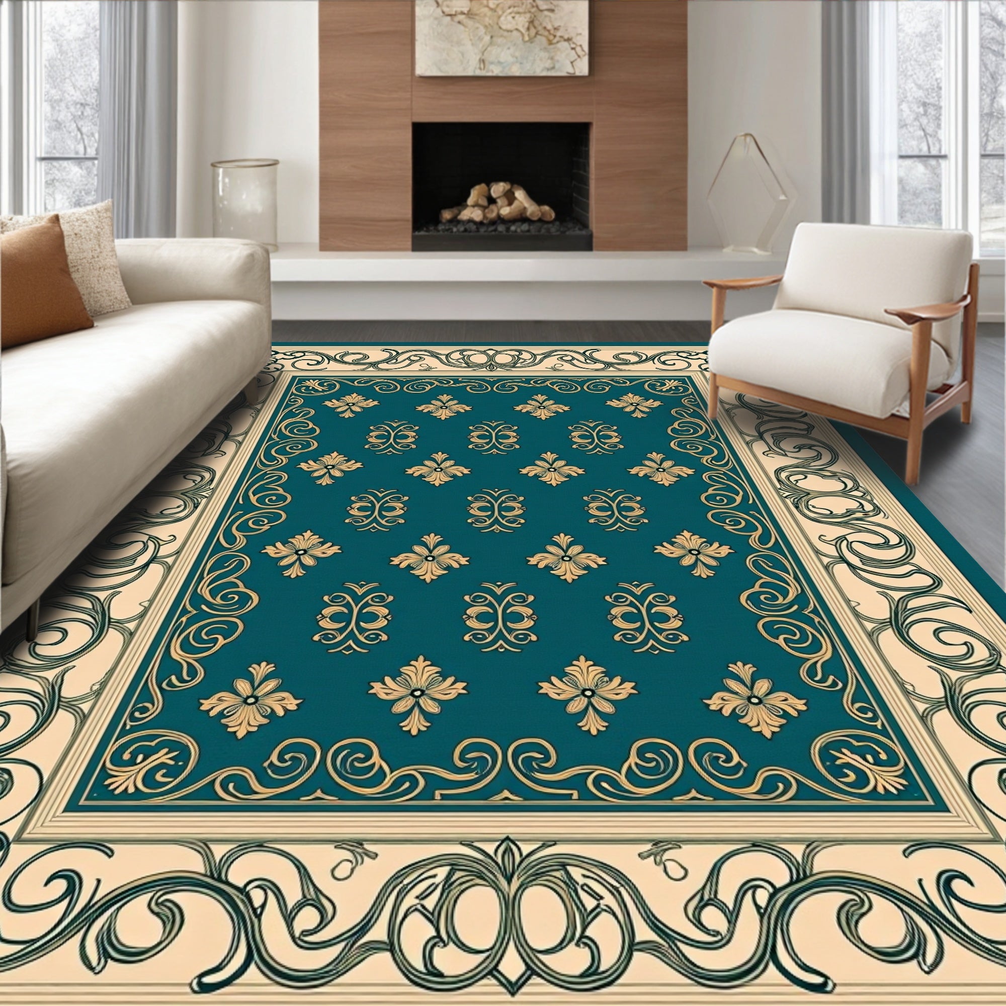 Regal Teal Floral Scroll Pattern Rug