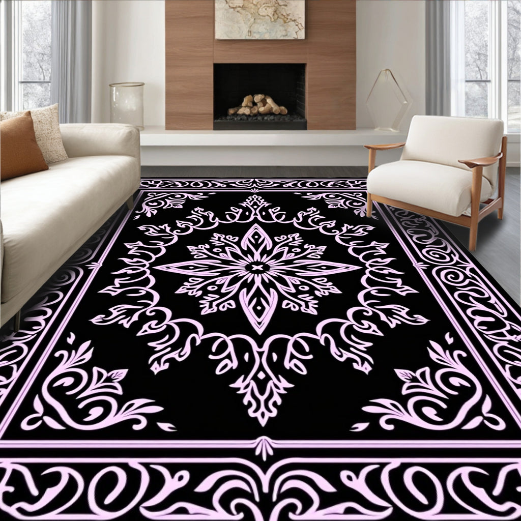 Ornate Black And Pink Floral Pattern Rug