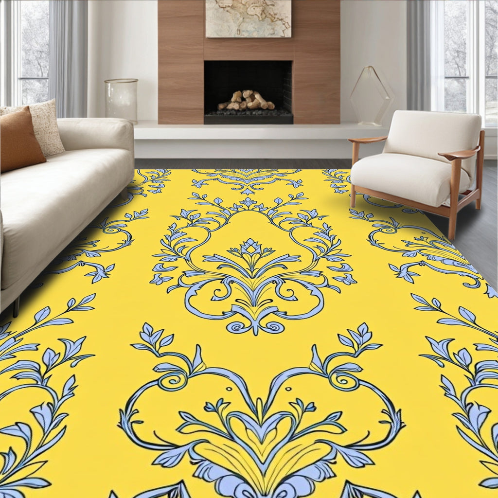Yellow Botanical Damask Pattern Rug